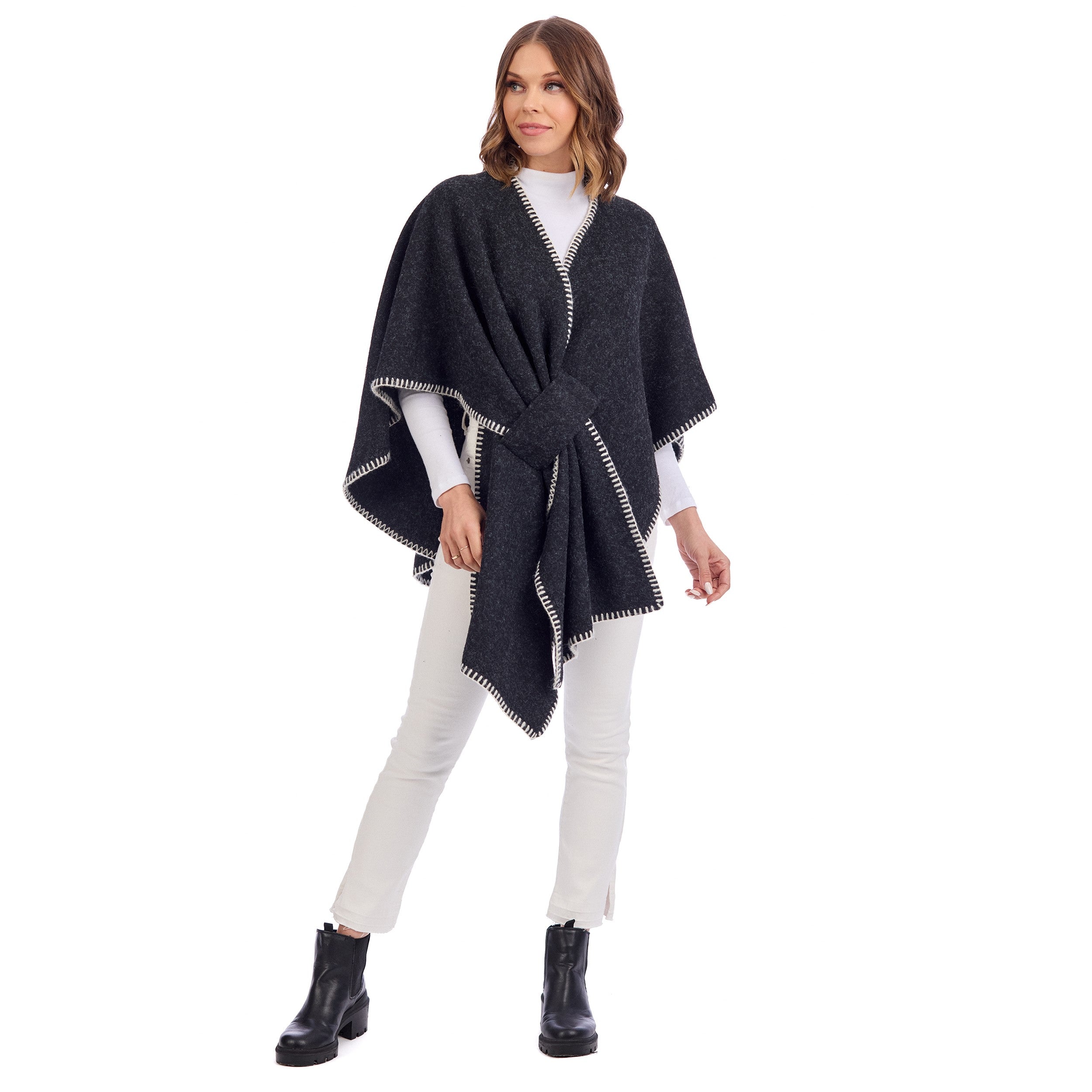 Black Hayword Blanket Stitch Poncho By Mud Pie