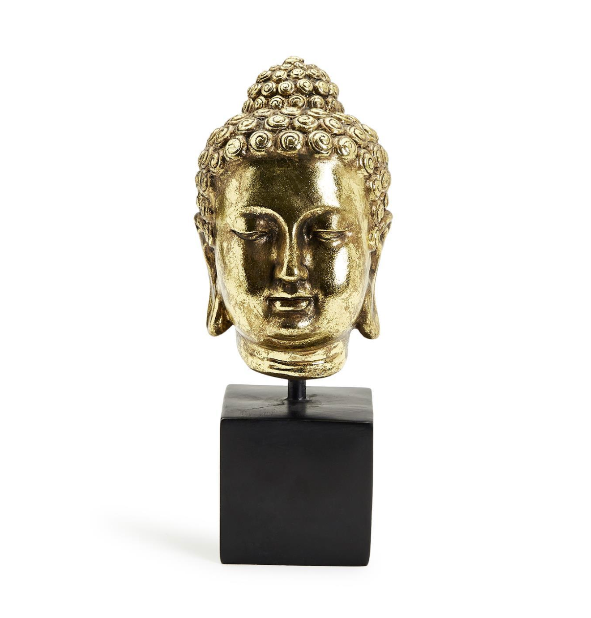 Golden Buddha Head on Black Pedestal Stand - A. Dodson's