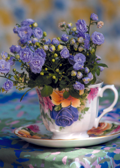 PURPLE FLOWERS IN A TEA CUP CARD - A. Dodson's