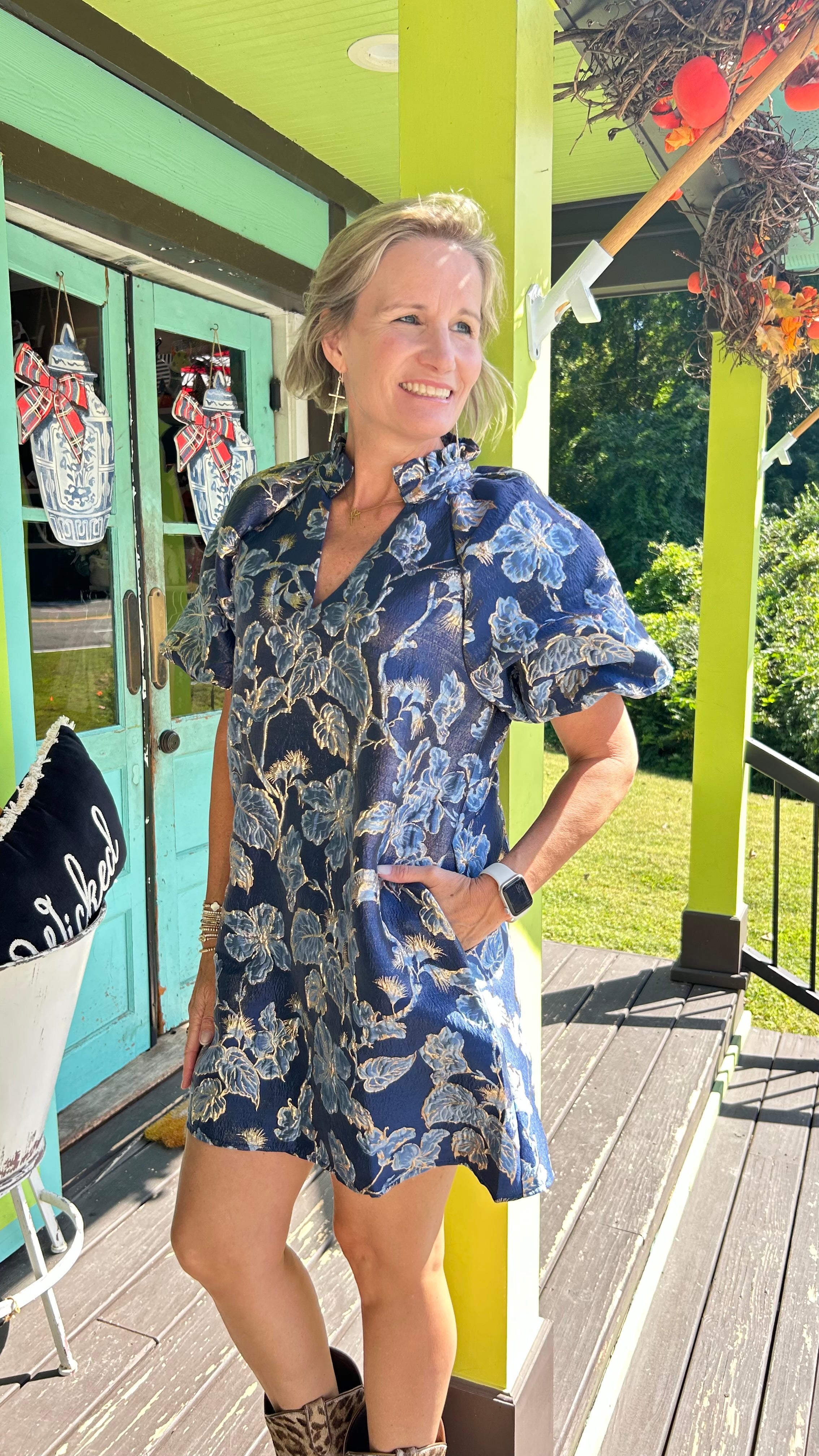 Iris THML Puff Sleeves Floral Pattern Metallic Dress – Navy