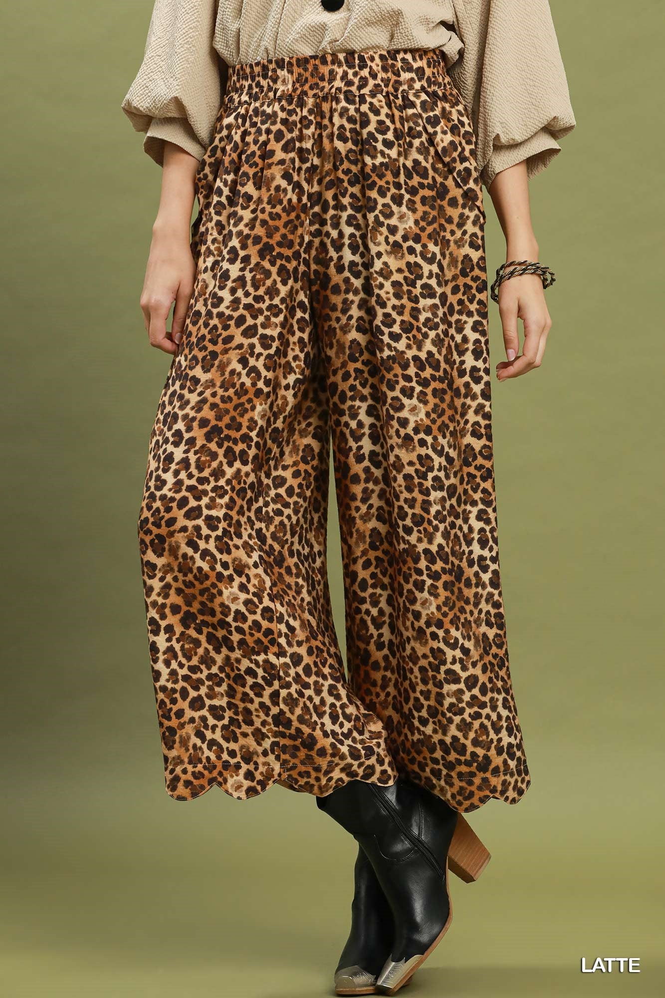 Harper Leopard Print Scallop Hem Wide-Leg Pants - Latte