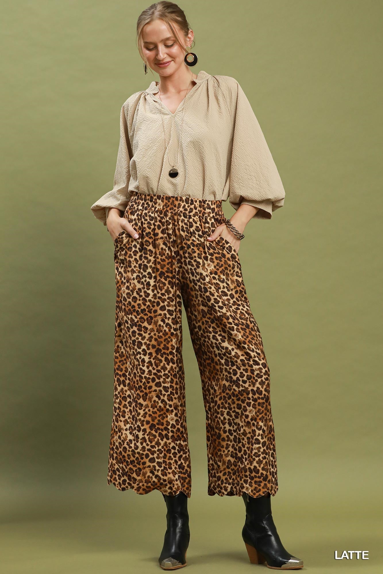 Harper Leopard Print Scallop Hem Wide-Leg Pants - Latte - view 3