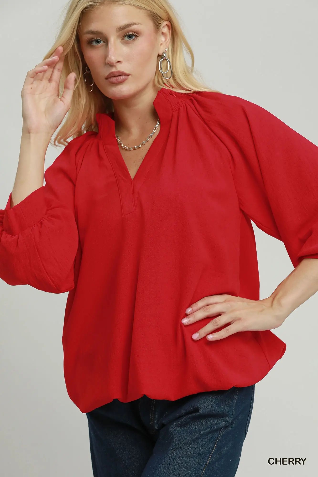 Vera Balloon Sleeve Split Neck Blouse