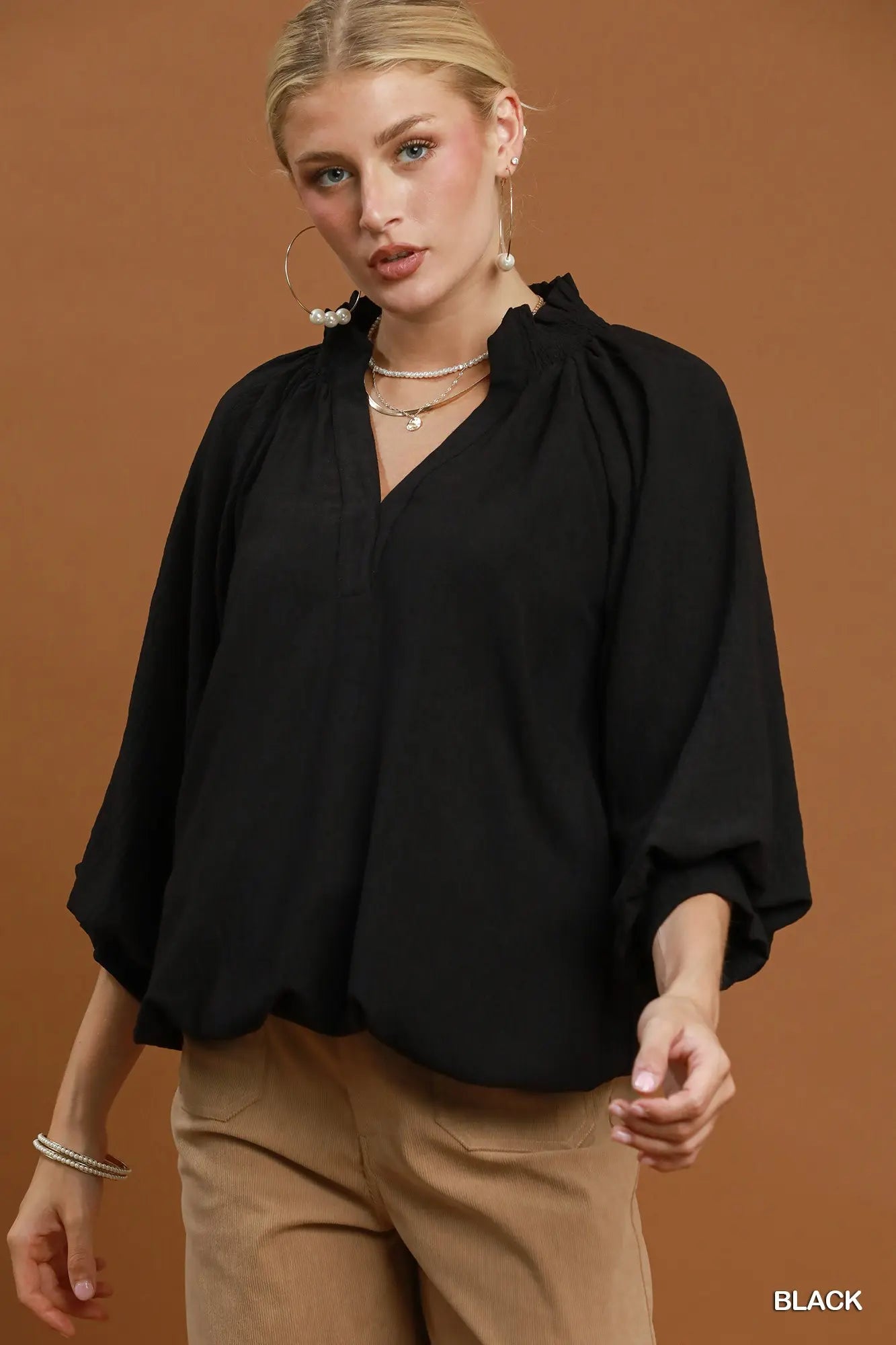 Vera Balloon Sleeve Split Neck Blouse