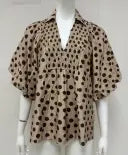 Lana Polka Dot Collared V-Neck Puff Sleeve Blouse
