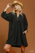 Margot Textured Split Neck Mini Dress - Black with Contrast Cuffs