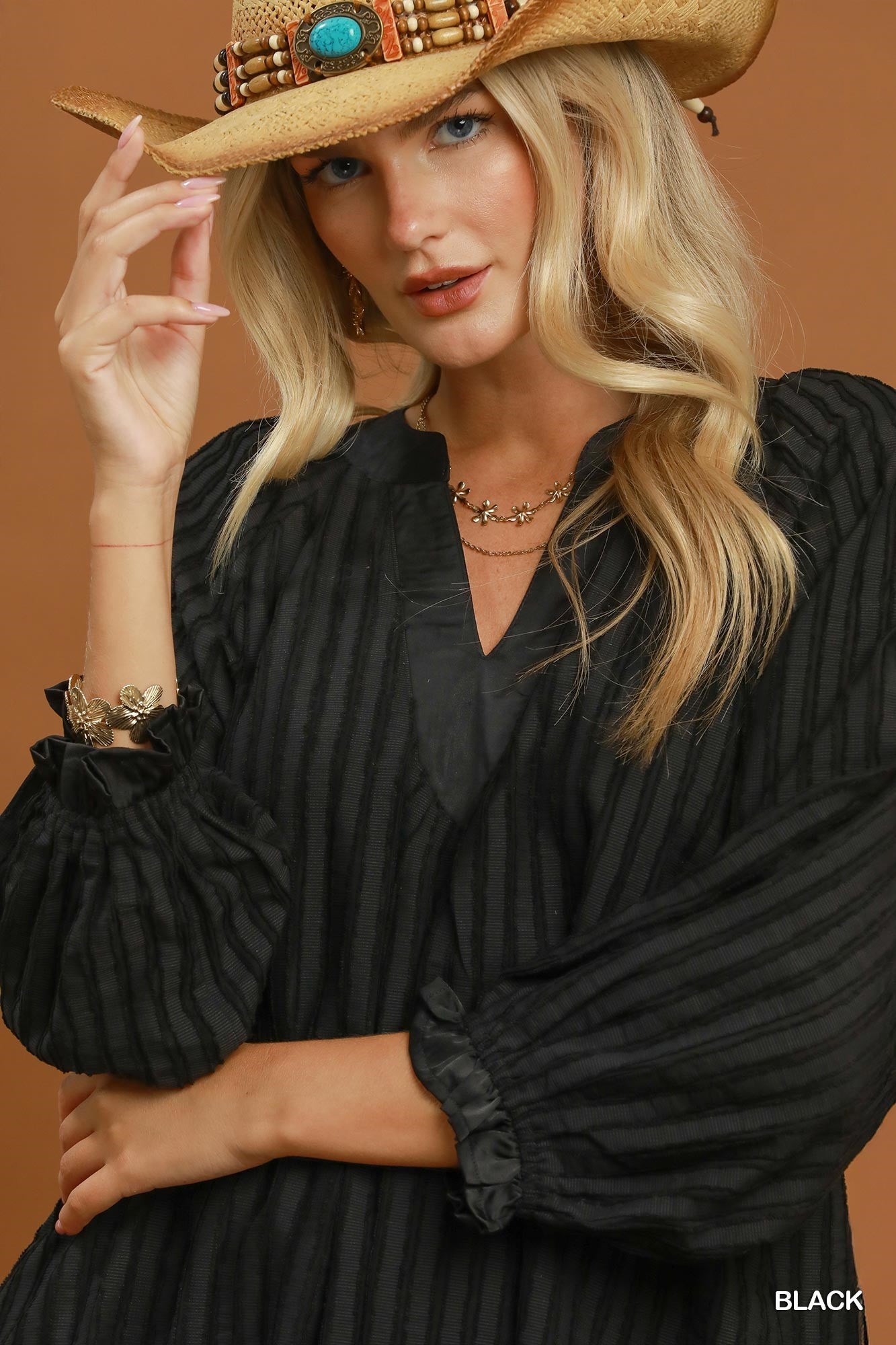 Margot Textured Split Neck Mini Dress - Black with Contrast Cuffs - view 4