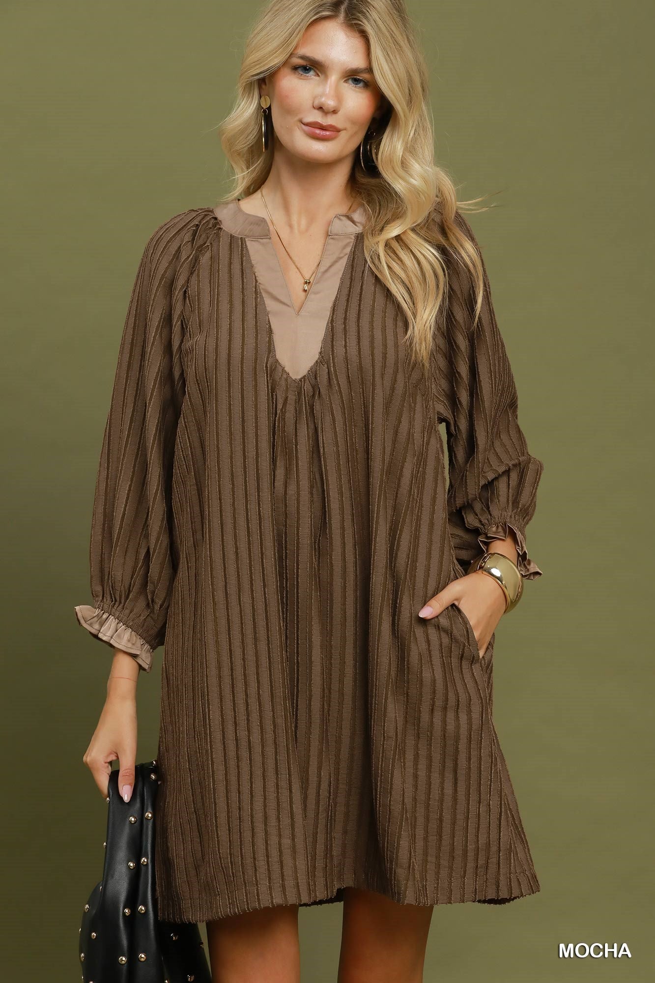 Margot Textured Split Neck Mini Dress - Mocha with Contrast Cuffs
