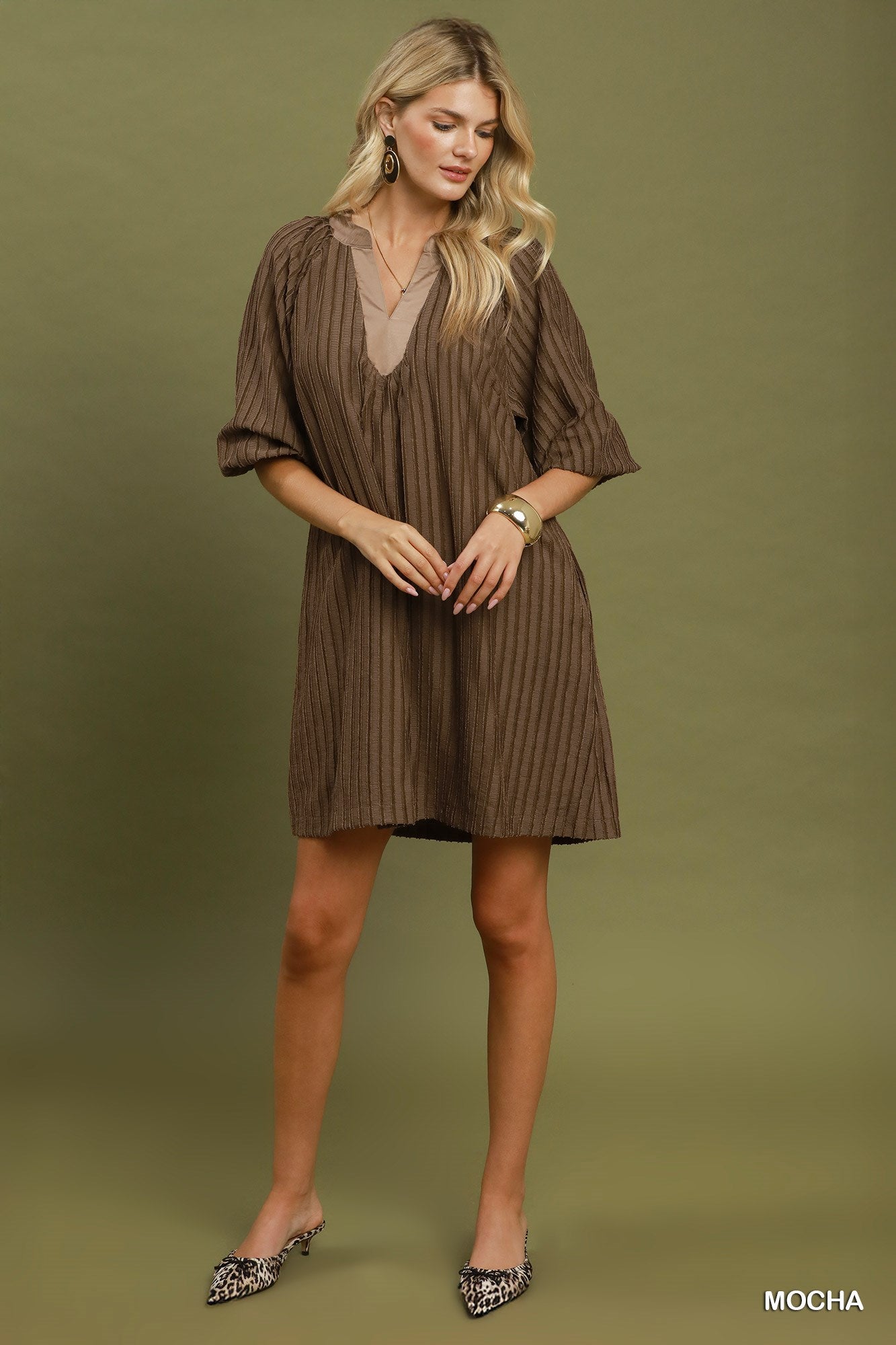 Margot Textured Split Neck Mini Dress - Mocha with Contrast Cuffs - view 2