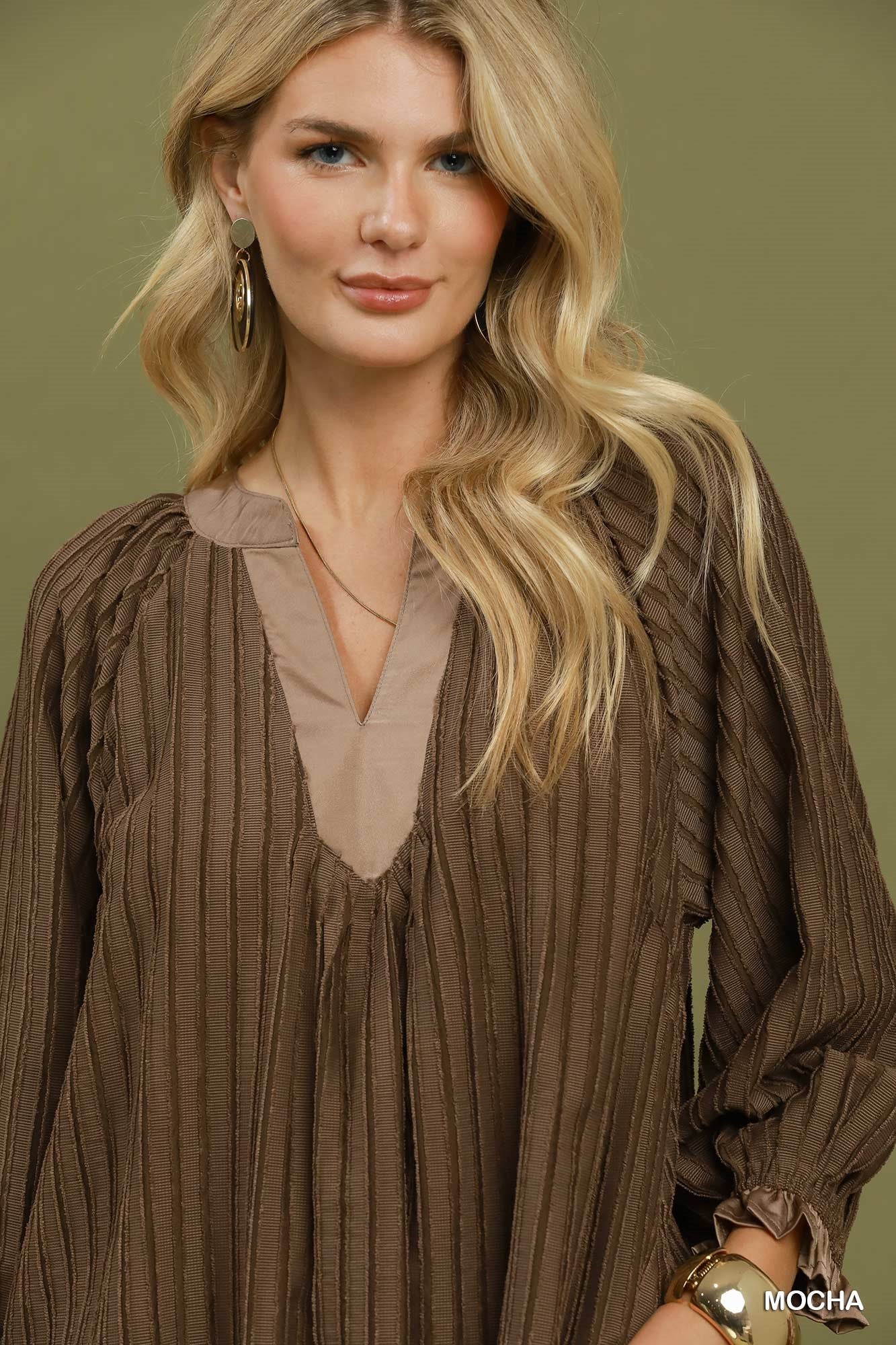 Margot Textured Split Neck Mini Dress - Mocha with Contrast Cuffs - view 4