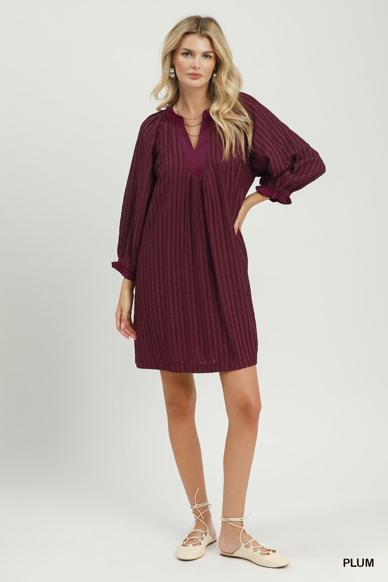 Margot Textured Split Neck Mini Dress - Plum with Contrast Cuffs - view 2