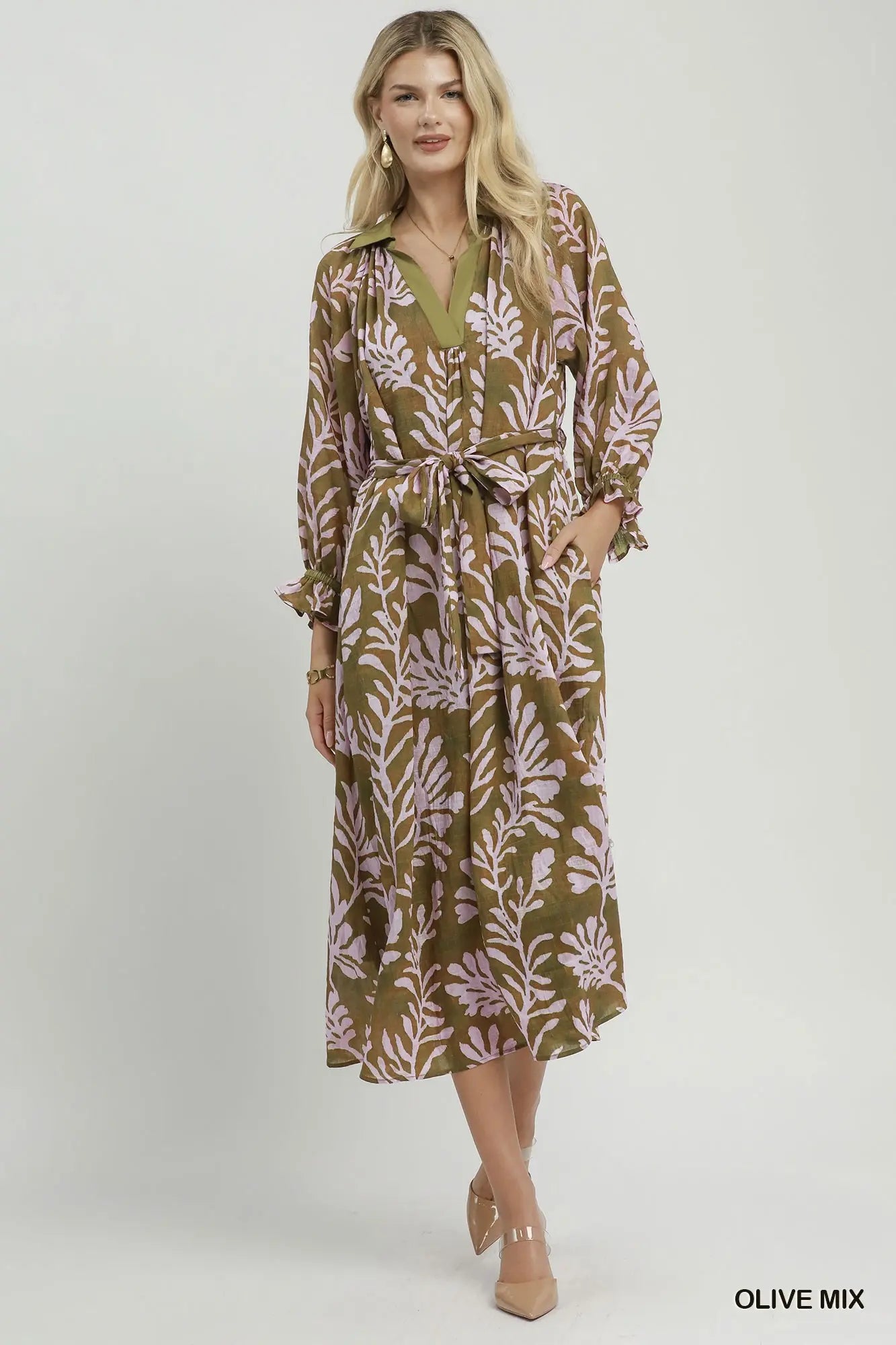 Maddie Mix Botanical Print Belted Midi Dress