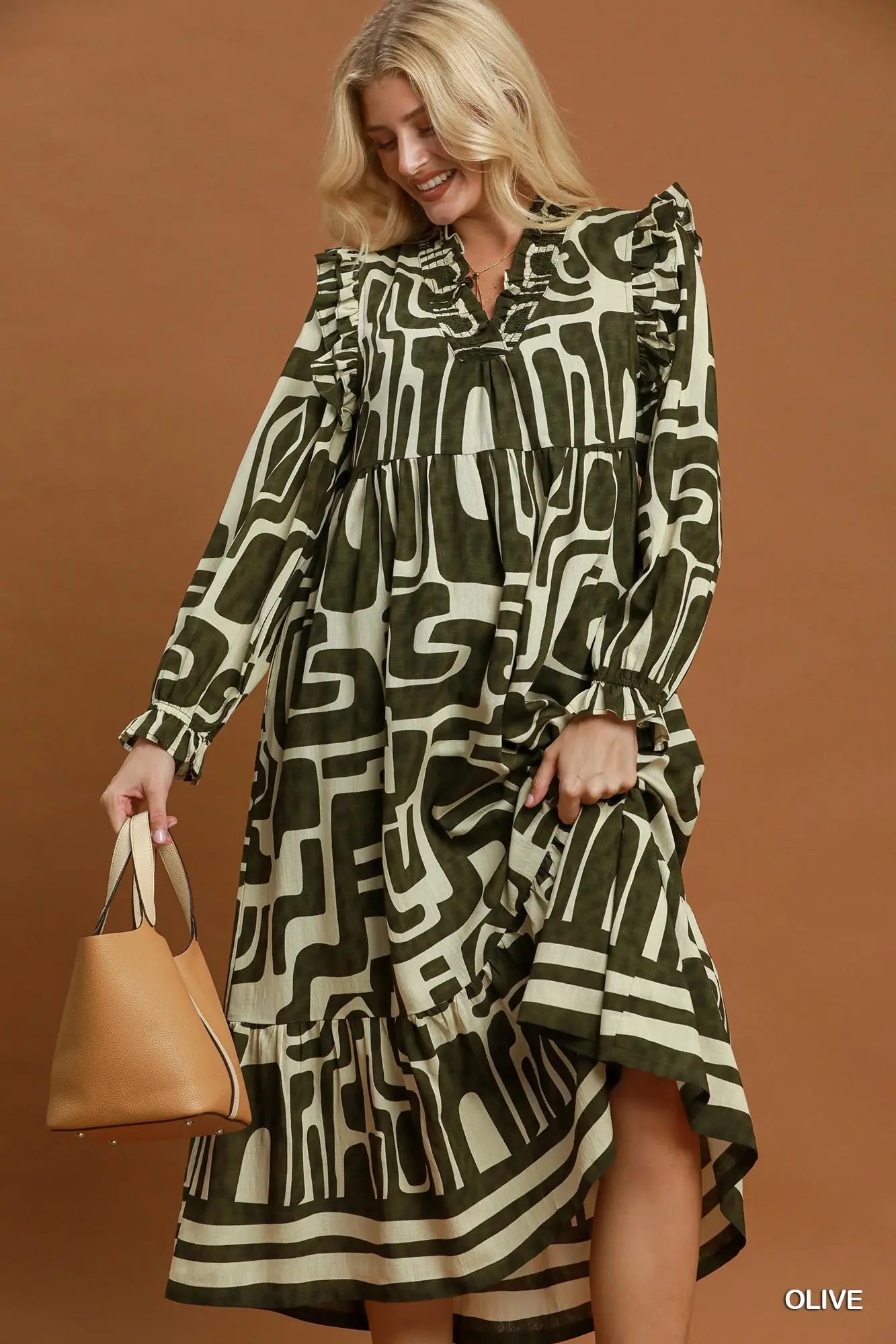 Donna Abstract Geo Print Ruffle Maxi Dress