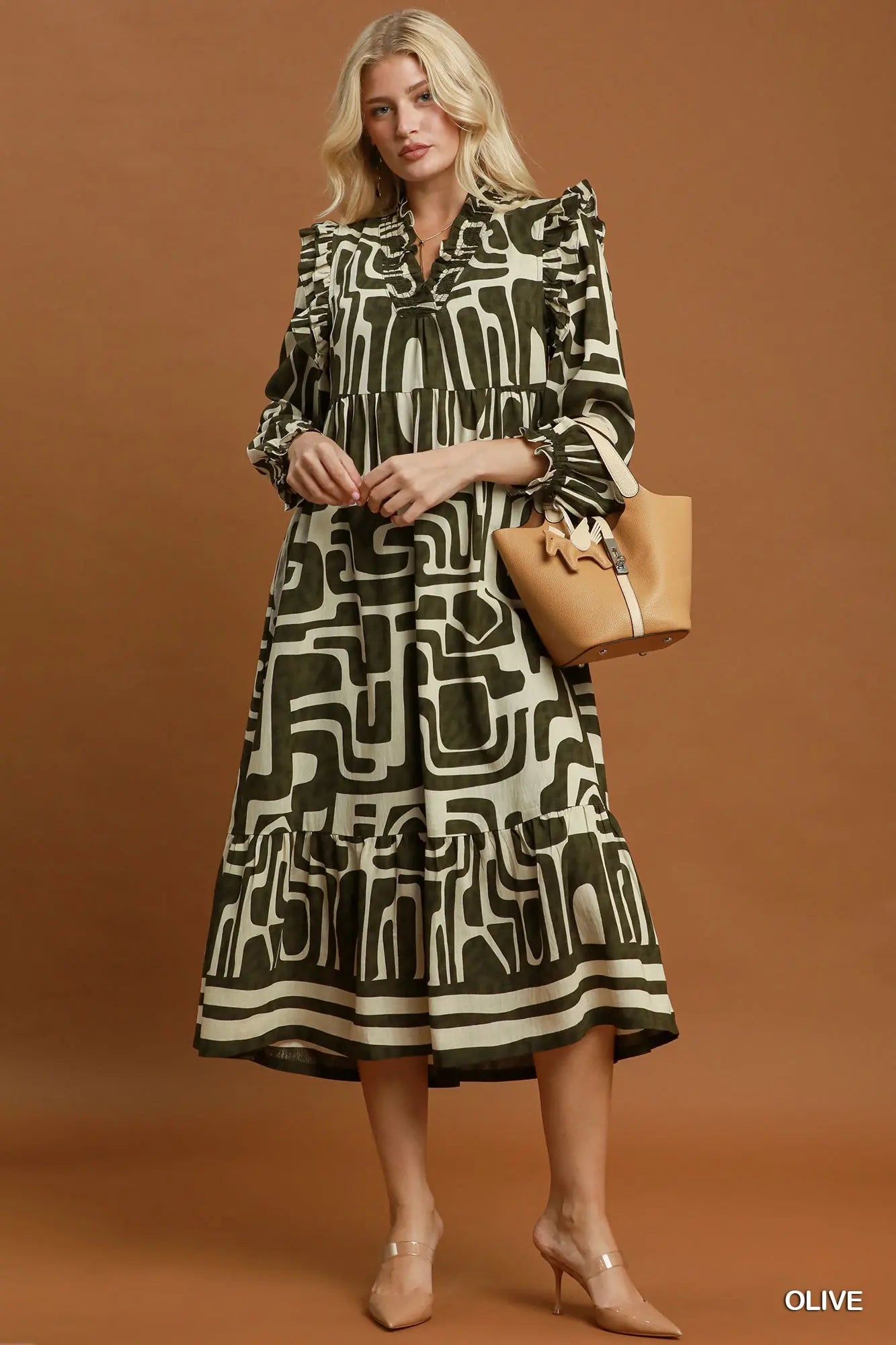 Donna Abstract Geo Print Ruffle Maxi Dress