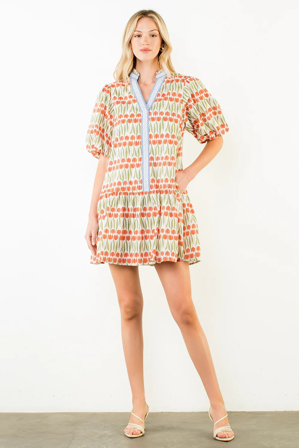 Marisa Puff Sleeve Geometric Pattern Dress