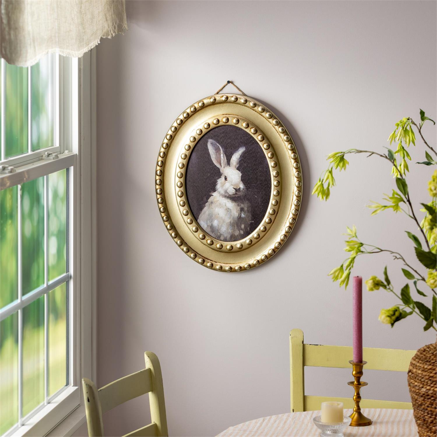 Wall Decor, Rabbit Portrait in Round Gold Decorative Frame