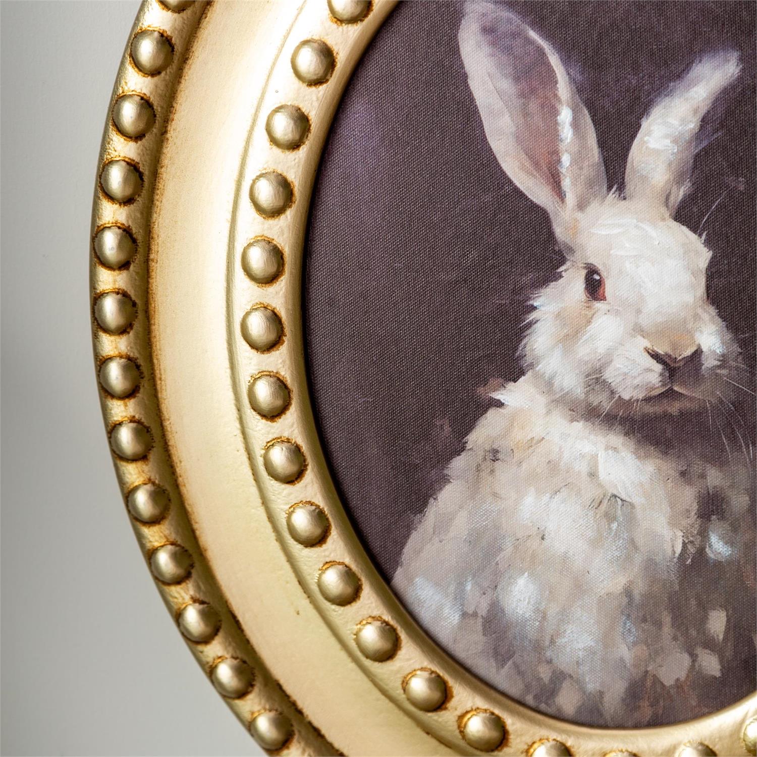 Wall Decor, Rabbit Portrait in Round Gold Decorative Frame