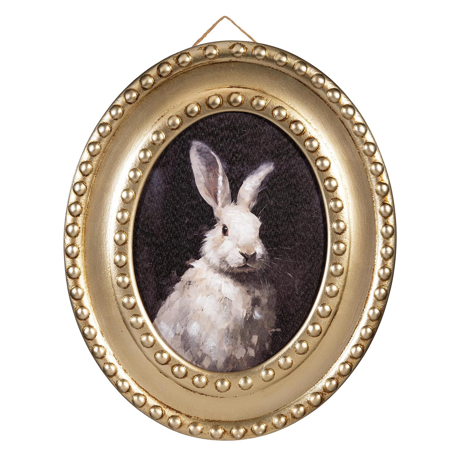 Wall Decor, Rabbit Portrait in Round Gold Decorative Frame