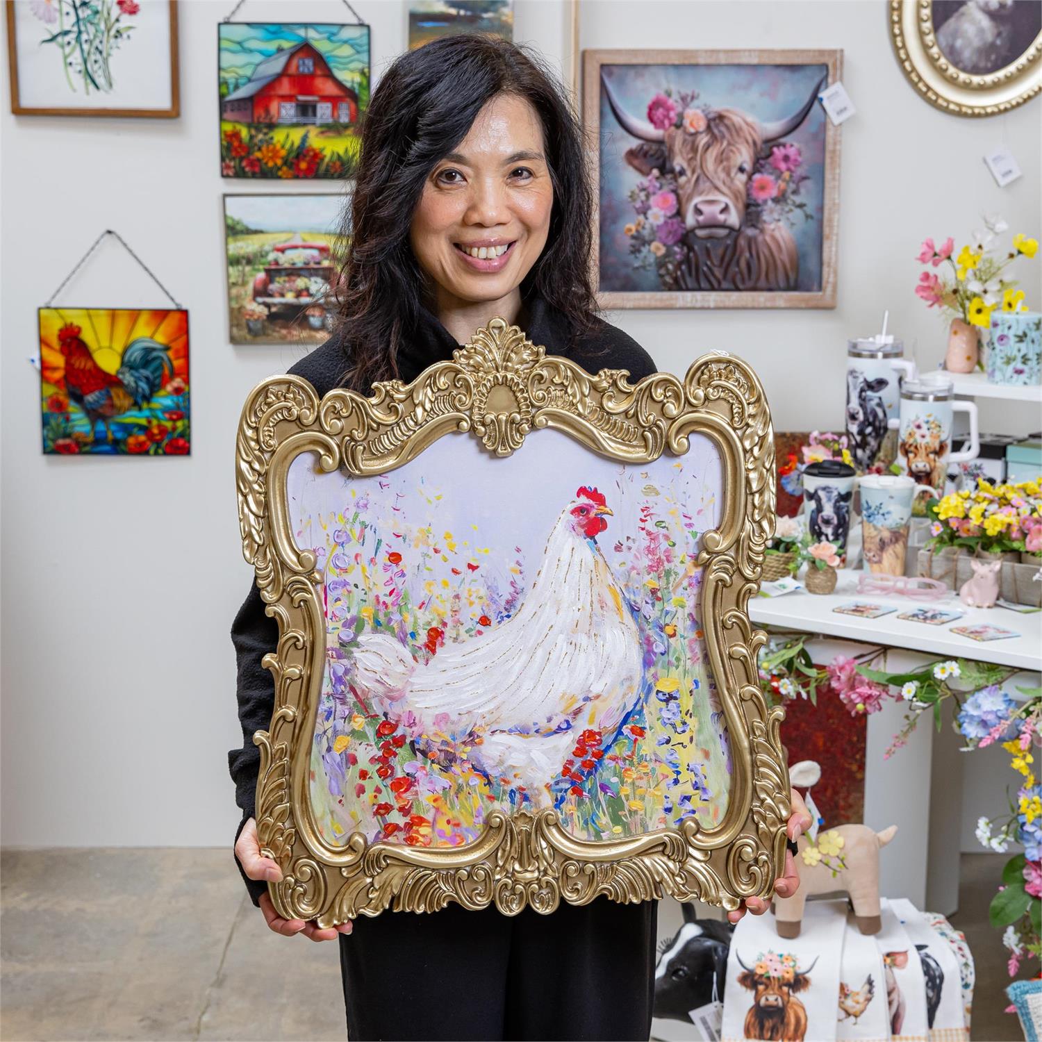 Chicken in Gold Decorative Frame, 20" L x 23" H