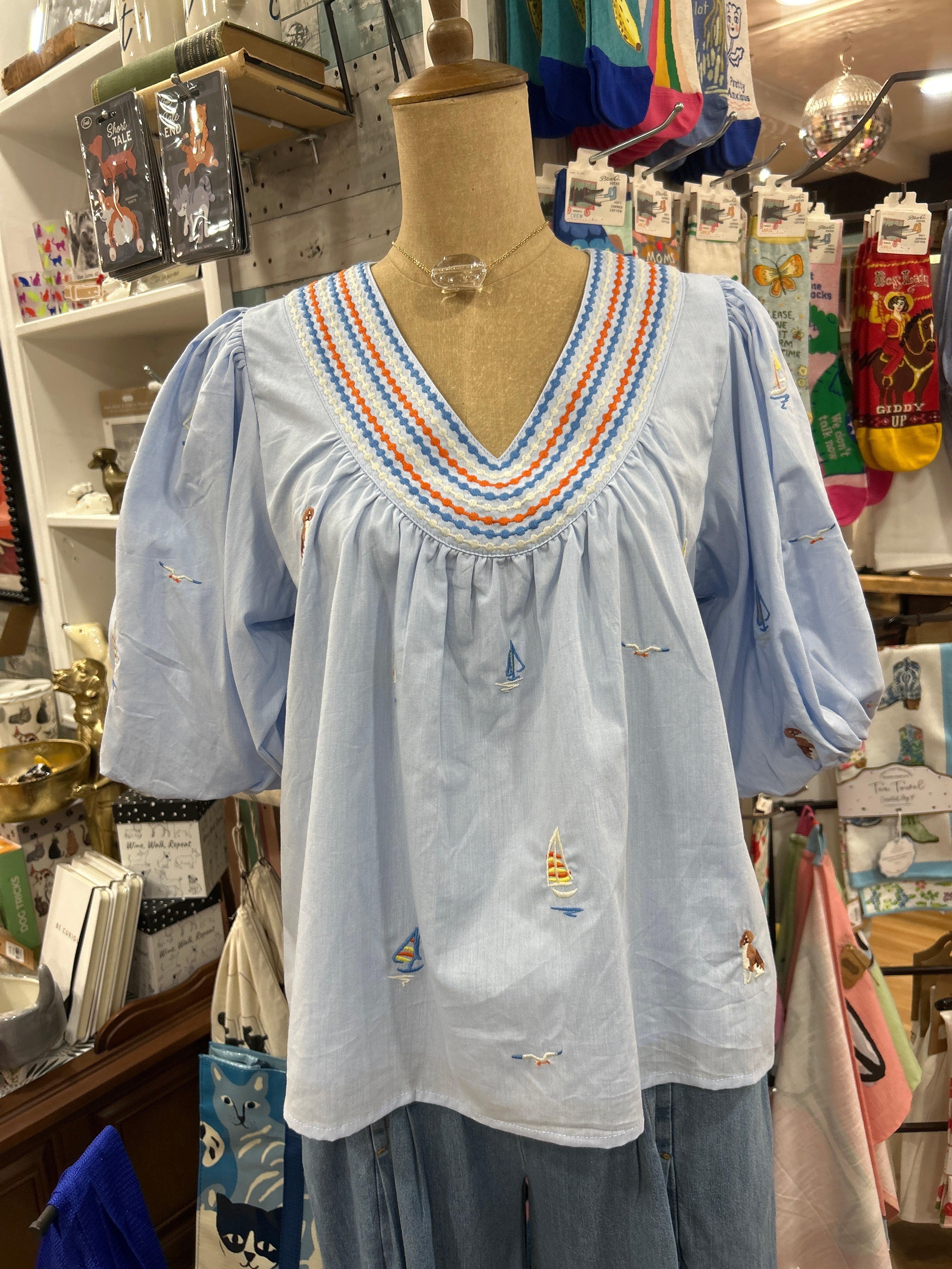Maddie Sail Boat Puff Sleeve Emb Top by THML