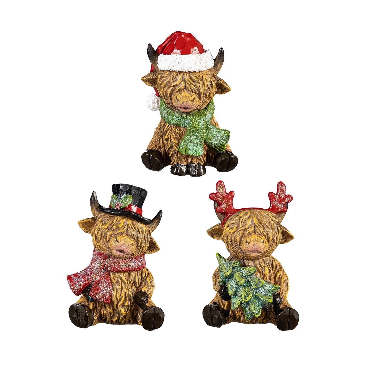 Holly Homestead Holiday Highland Cow Resin