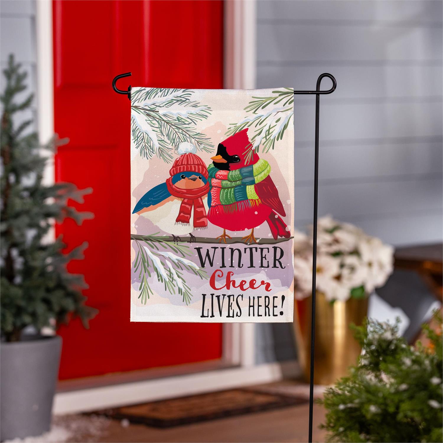 Winter Cheer Portly Birds Burlap Garden Flag