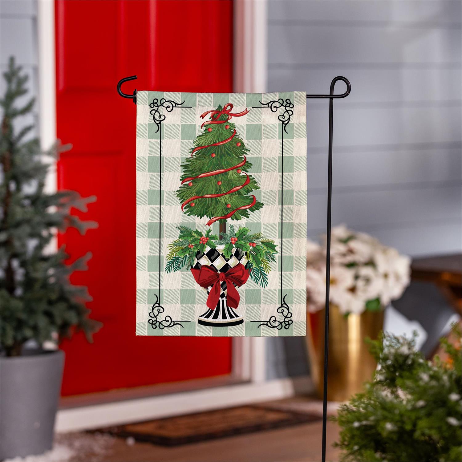 Christmas Checkered Topiary Burlap Garden Flag