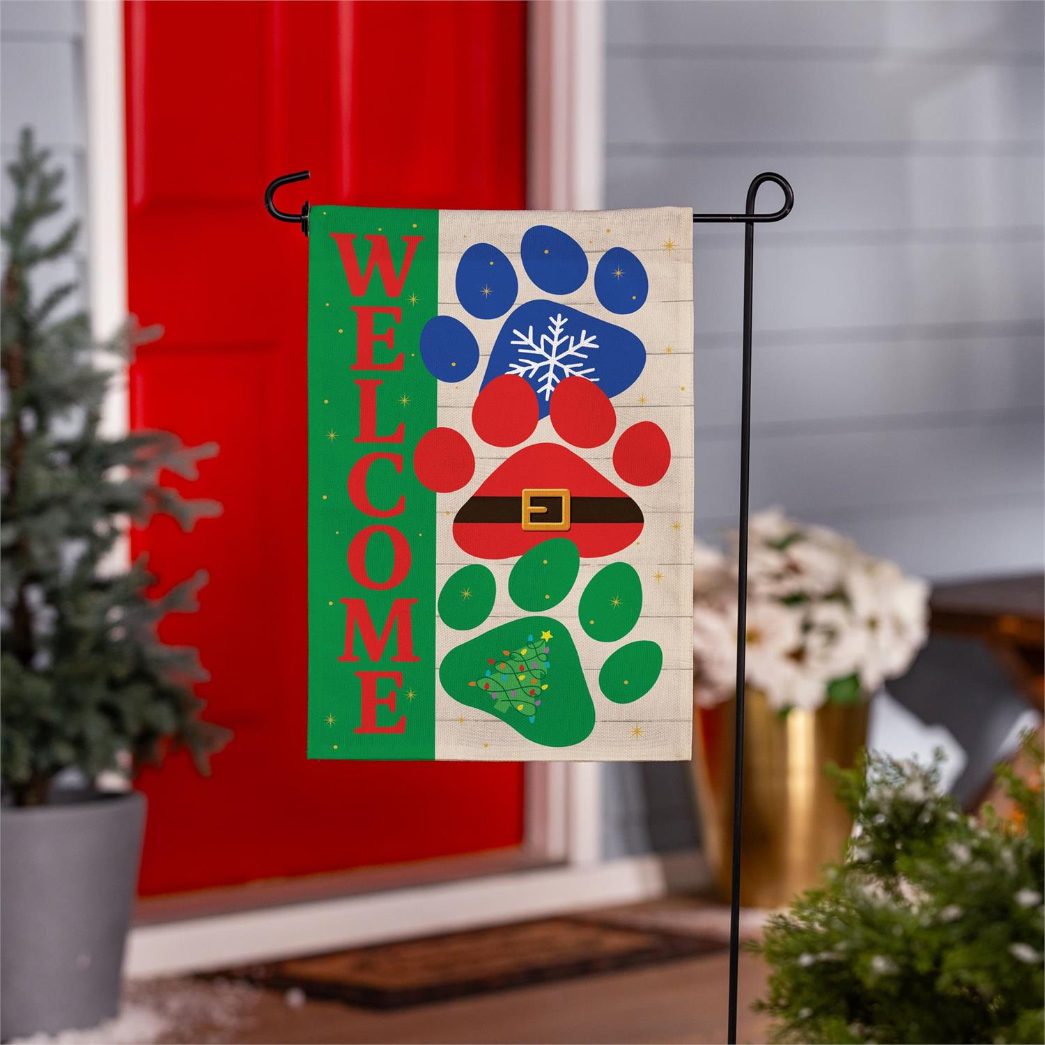 Christmas Pawprint Trio Burlap Garden Flag