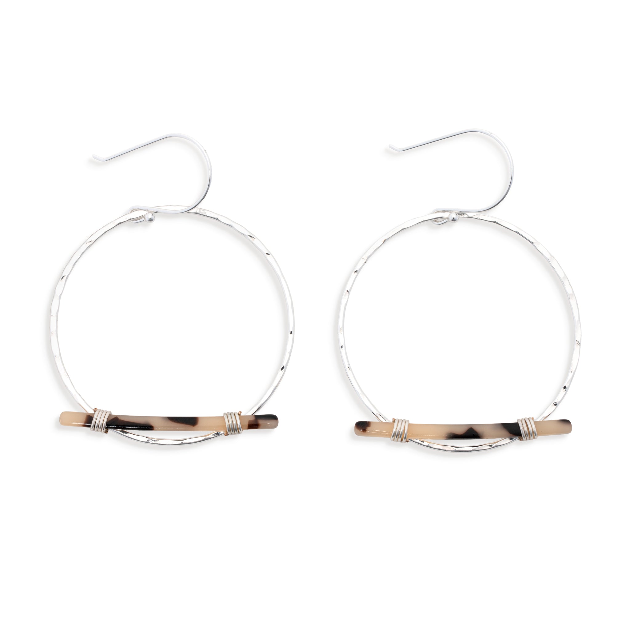 Destiny - Silver Hammered Hoop Tortoise Bar Earrings by Leslie Curtis