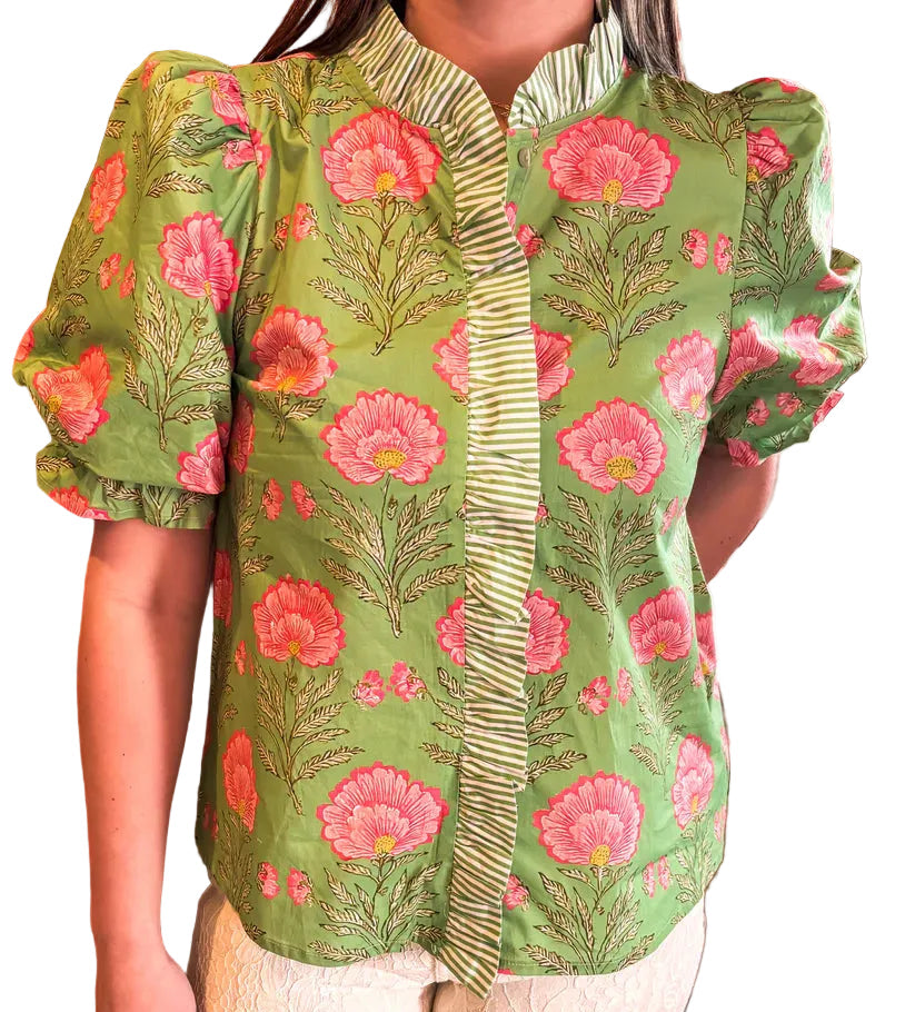 Katy Pink and Green Floral Short Sleeve Top
