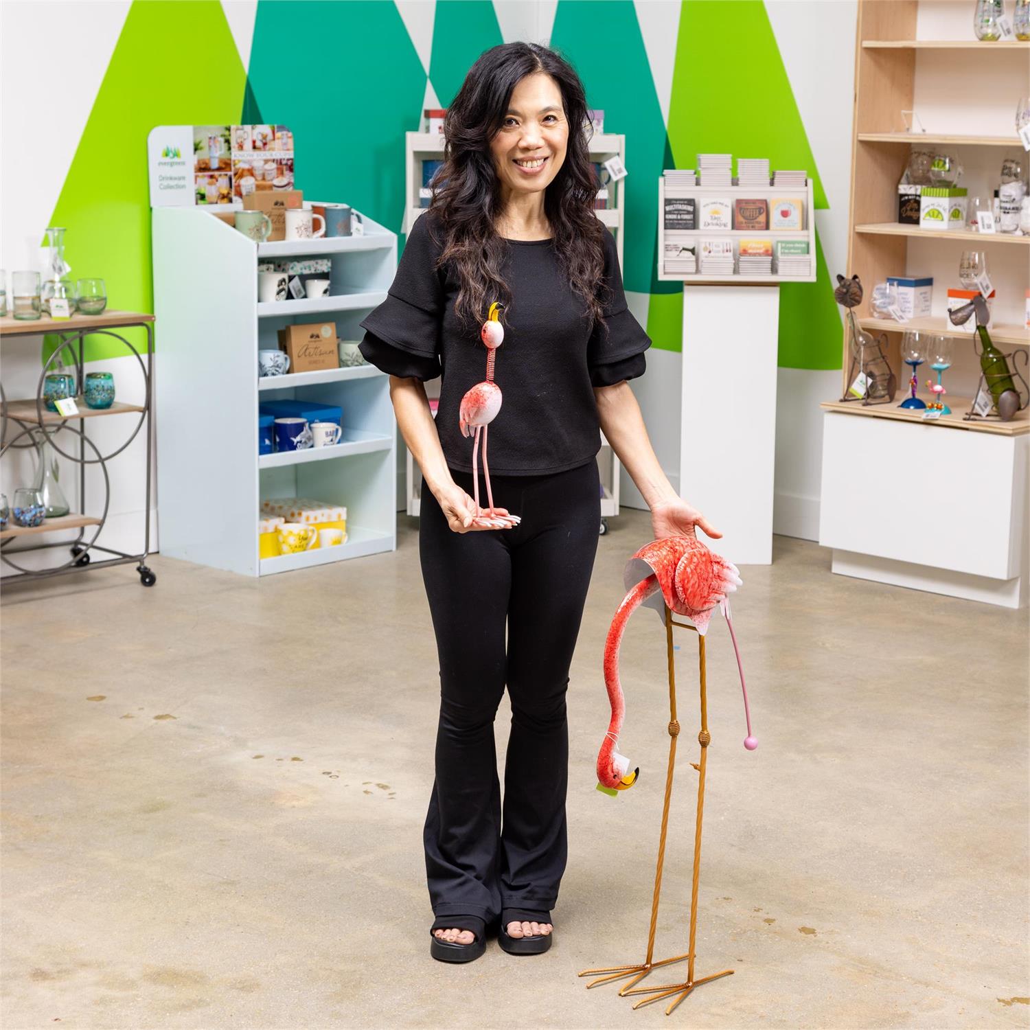 Metal Flamingo Mom Balancer with Wobbly Baby Statue Set