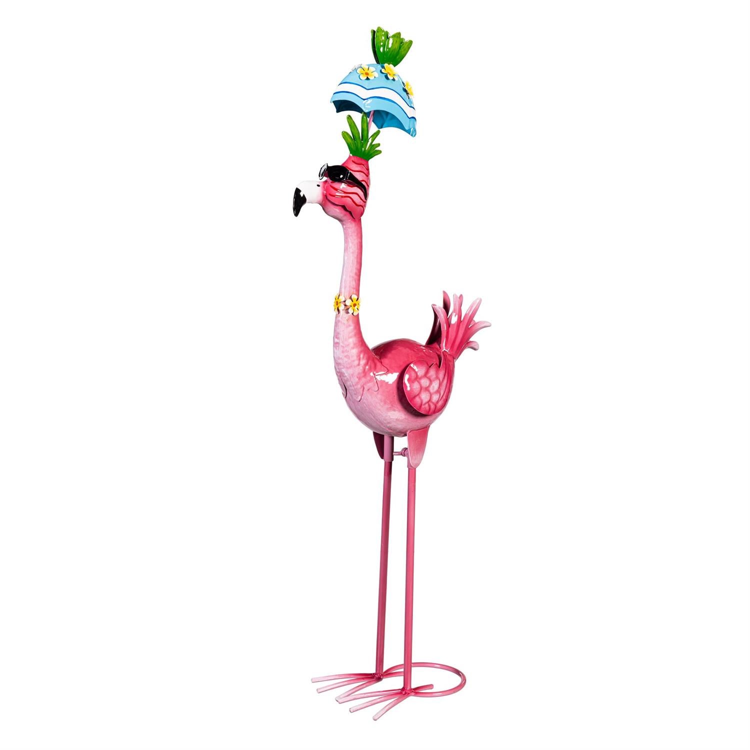 Metal Flamingo Garden Stake with Blue Floral Umbrella
