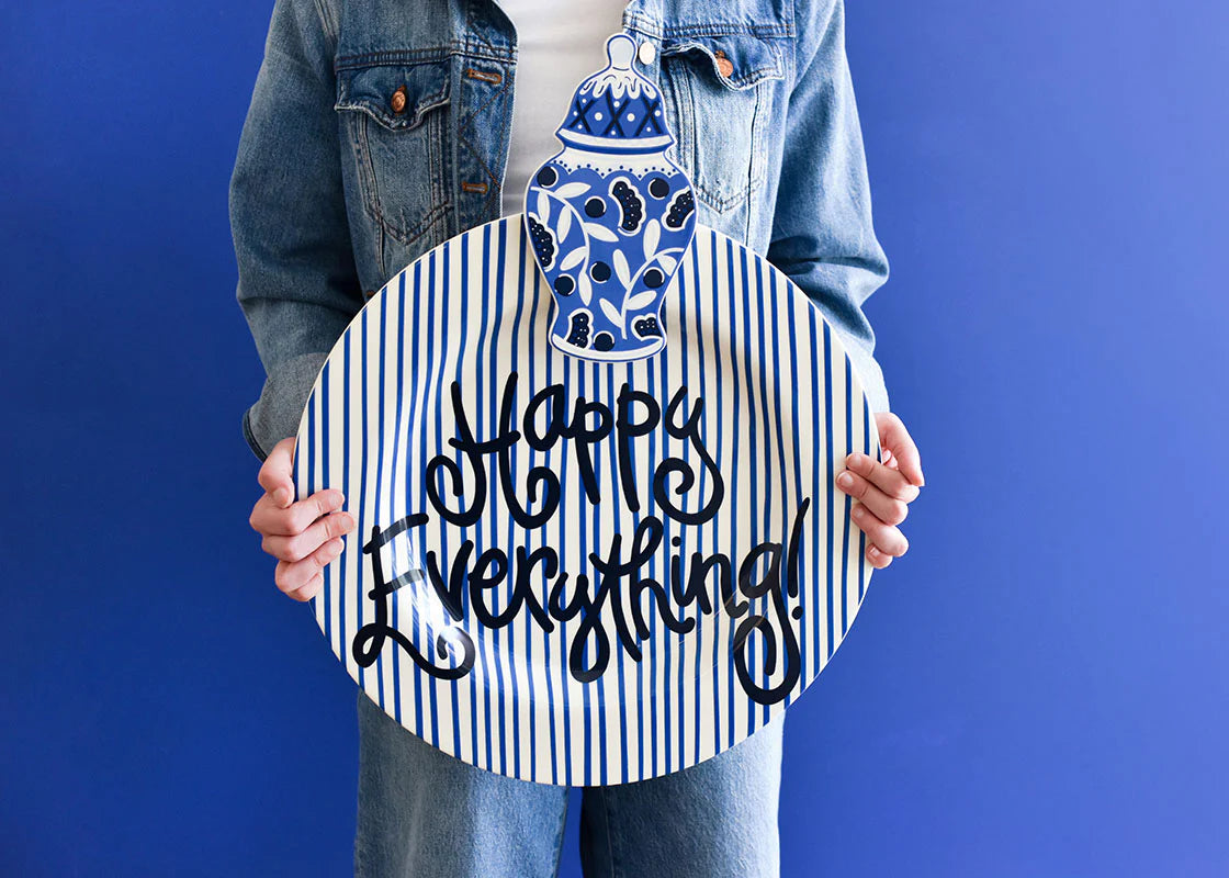 Happy Everything Indigo Skinny Stripe Big Round Platter