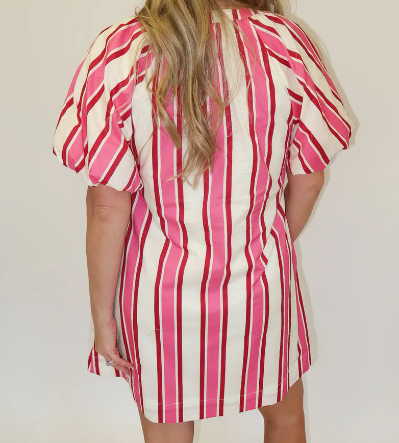 Lucy Pink/Red Stripe Puff Sleeve Dress