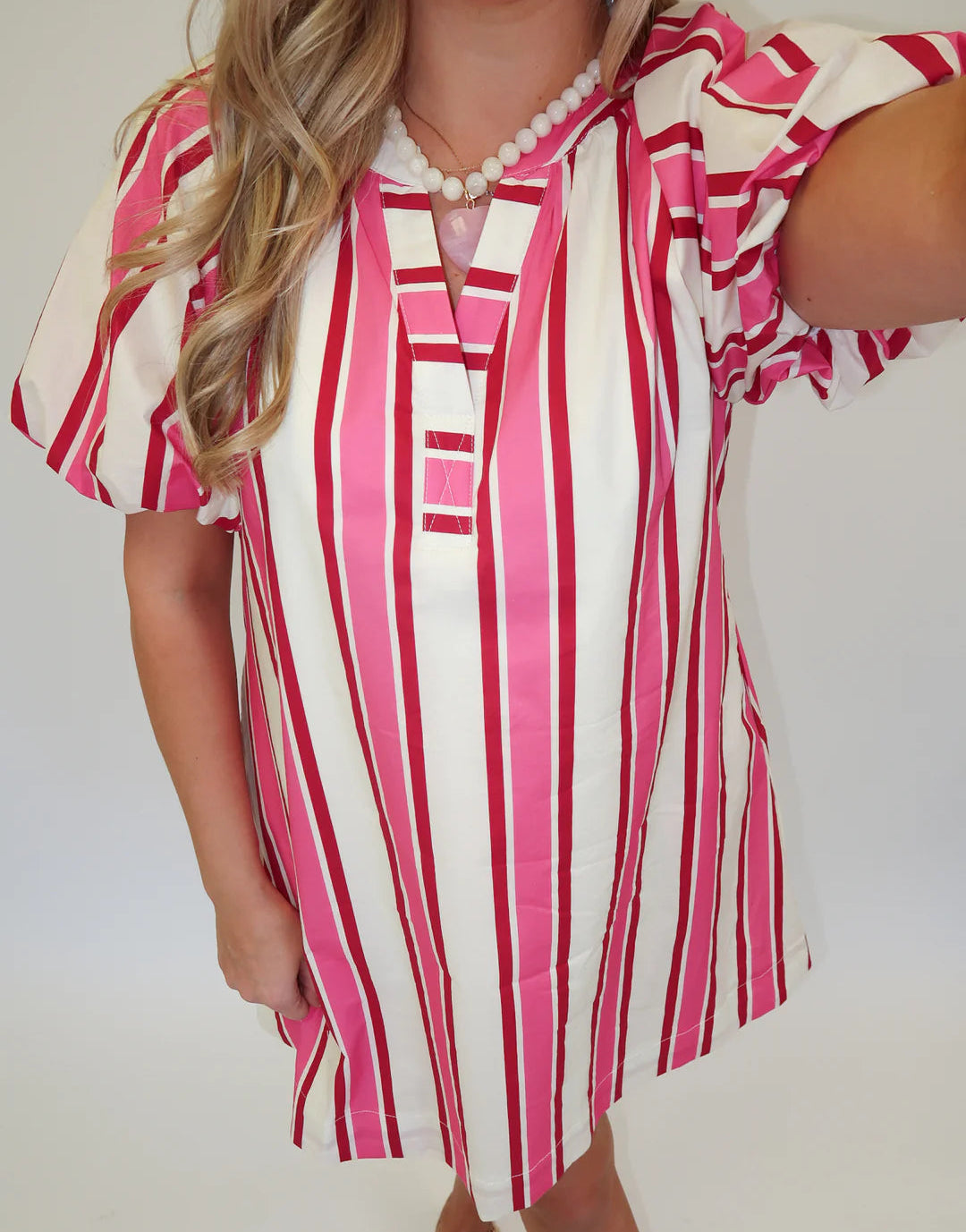 Lucy Pink/Red Stripe Puff Sleeve Dress