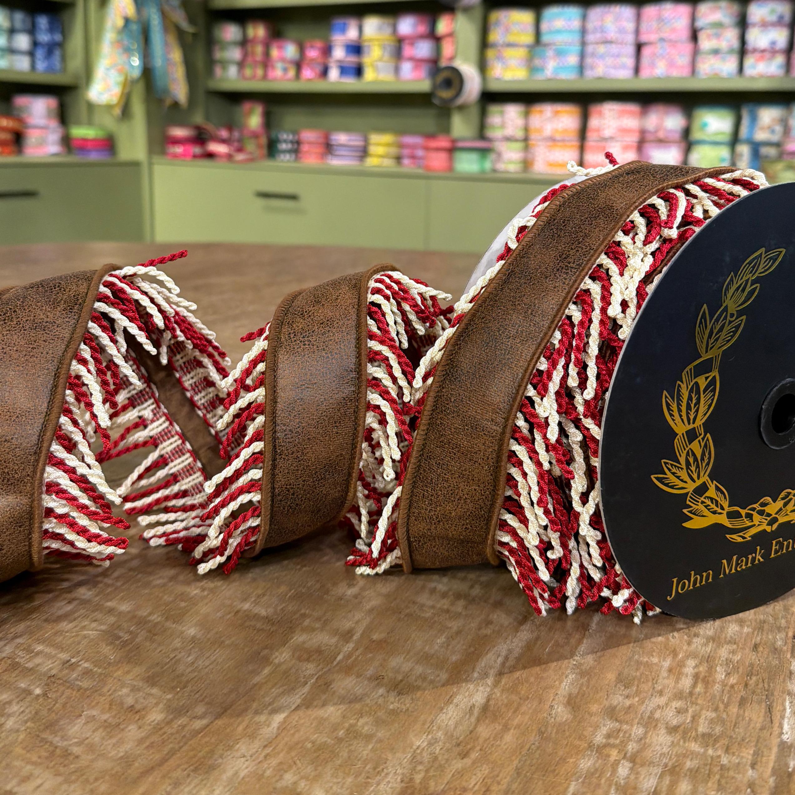 John Mark Pleather Fringe Wired Ribbon - Maroon, 4" x 10 yd
