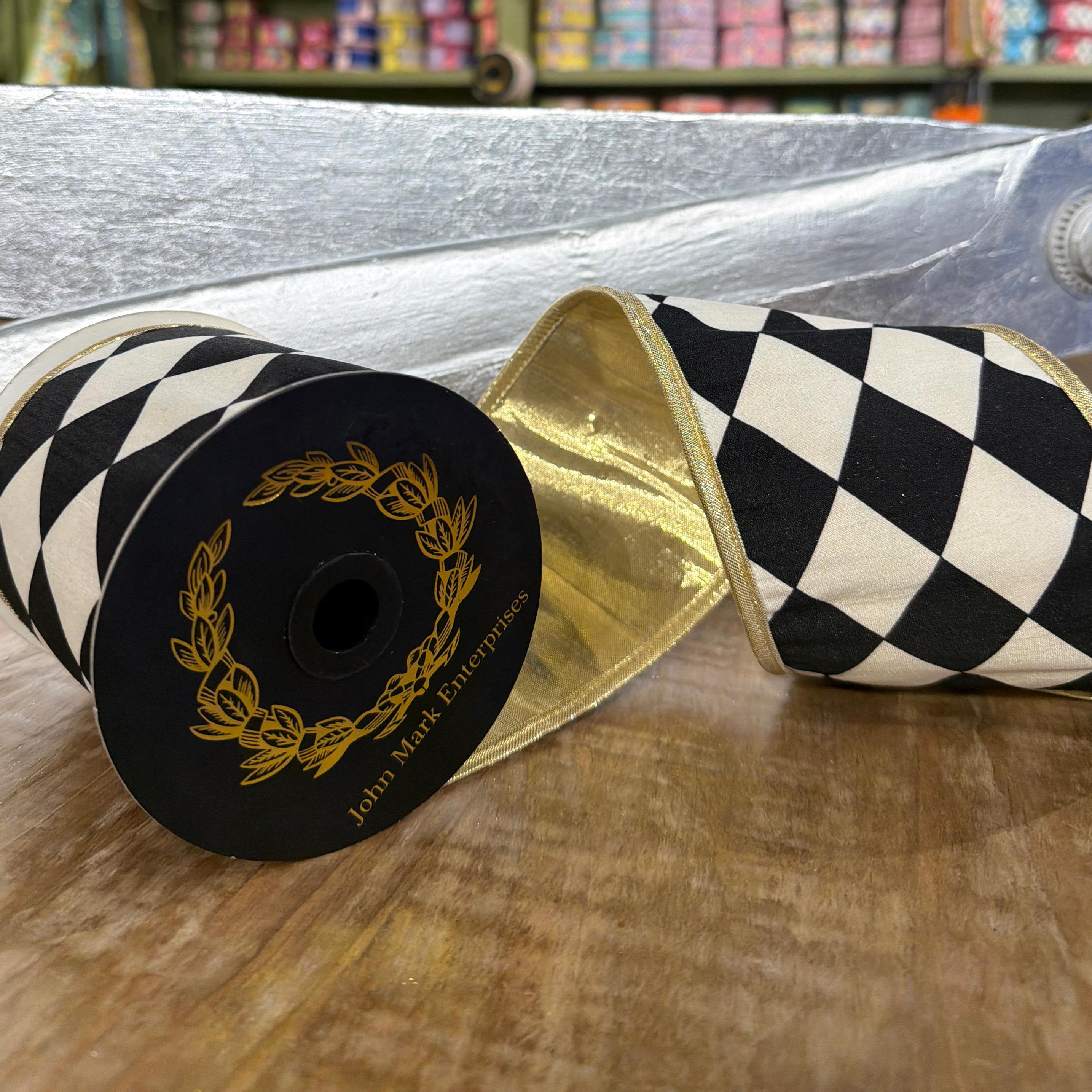 John Mark Harlequin Print Wired Ribbon - Black, 4" x 5 yd