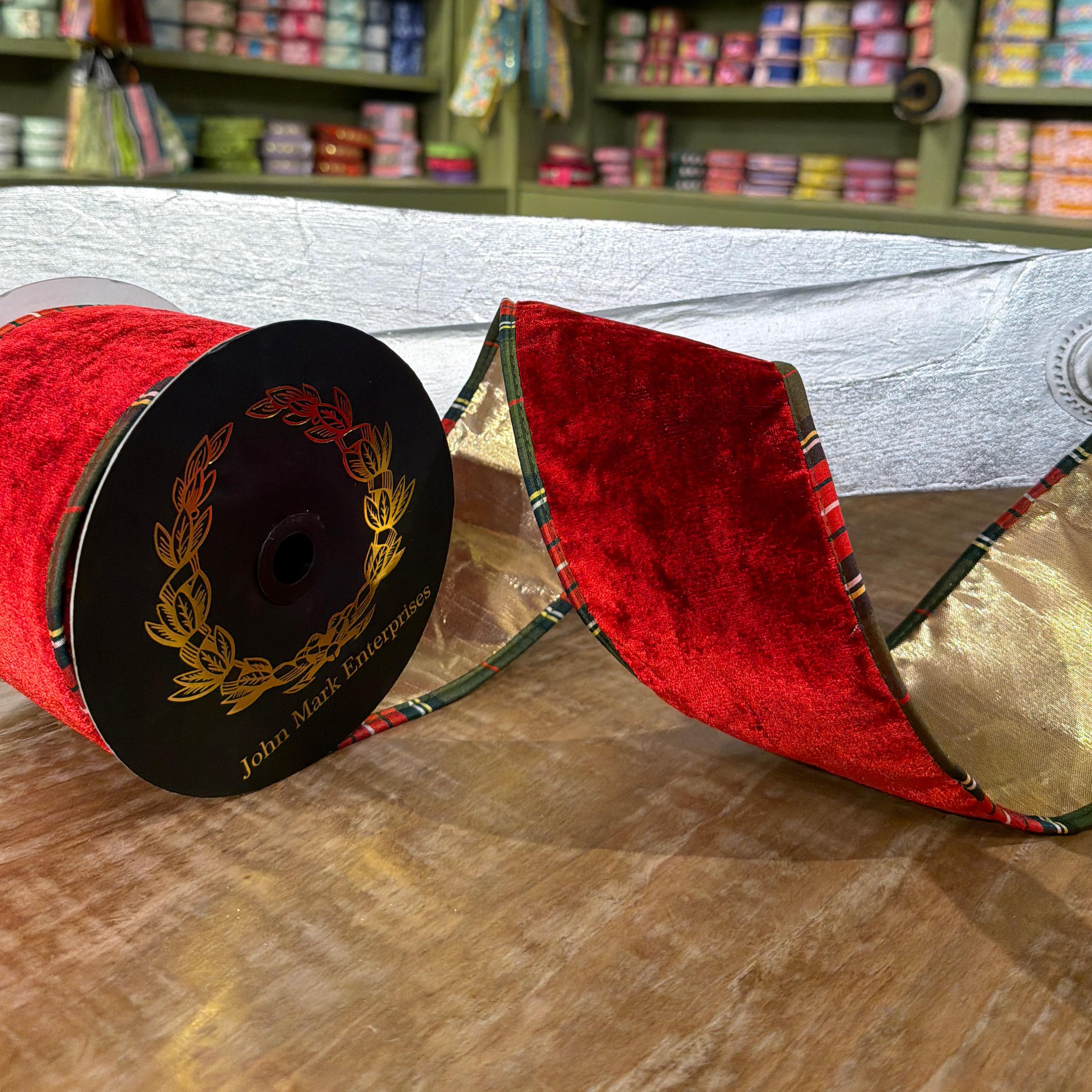 John Mark Red Velvet Metallic Dupion Plaid Wired Ribbon - 4" x 10 yd