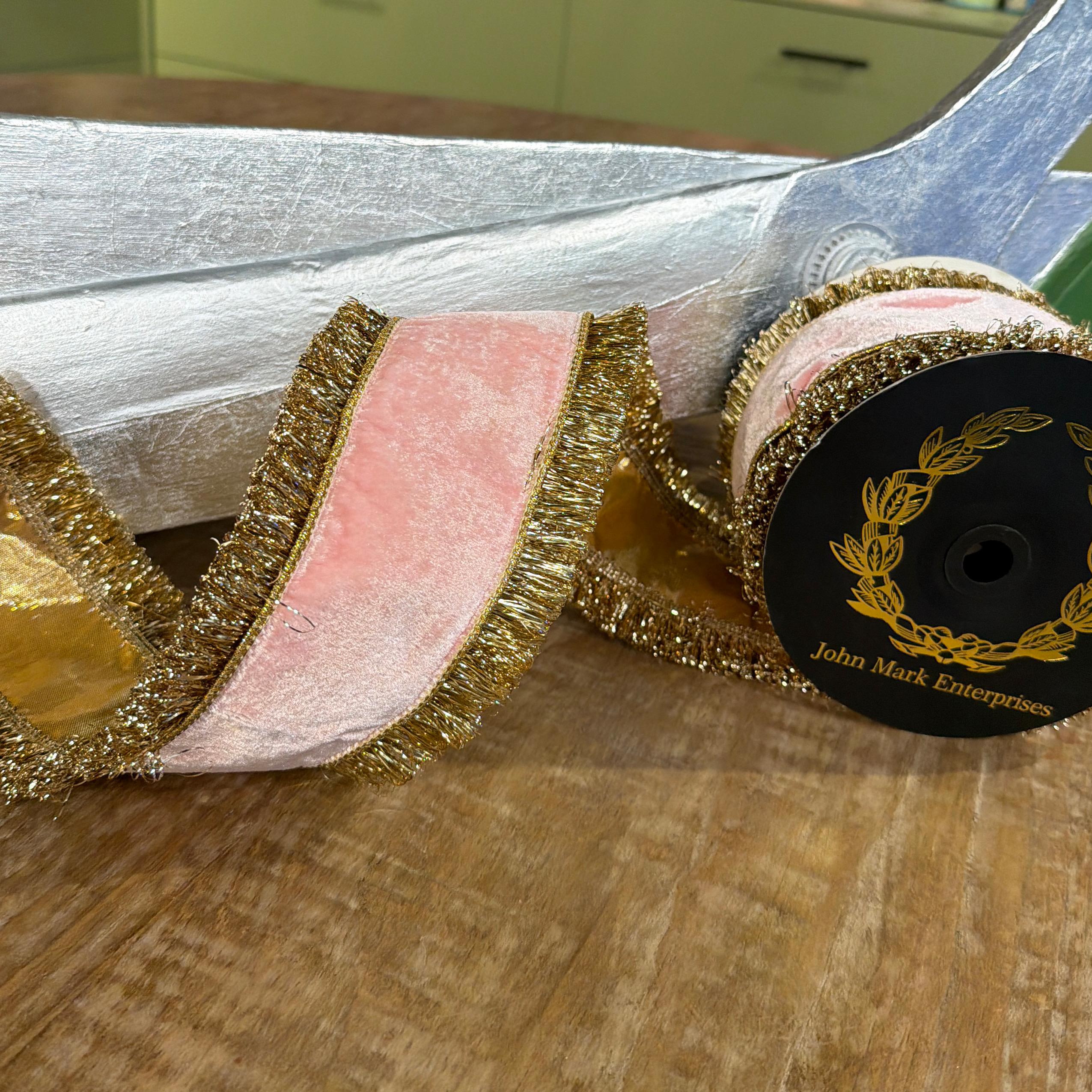 John Mark Pink Velvet Double-Sided Trim Wired Ribbon - 4" x 10 yd