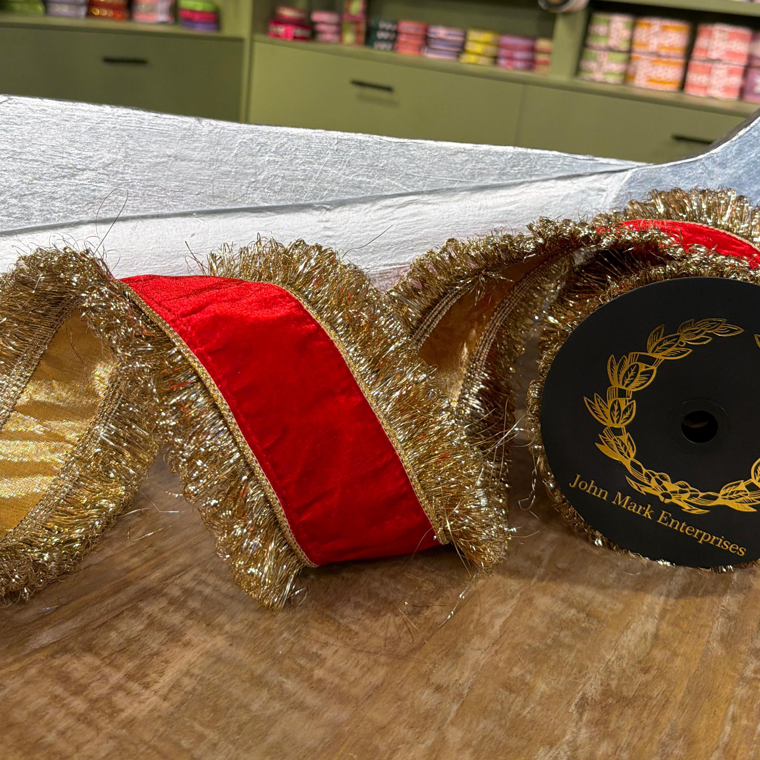 John Mark Red Velvet Double-Sided Trim Wired Ribbon - 4" x 10 yd