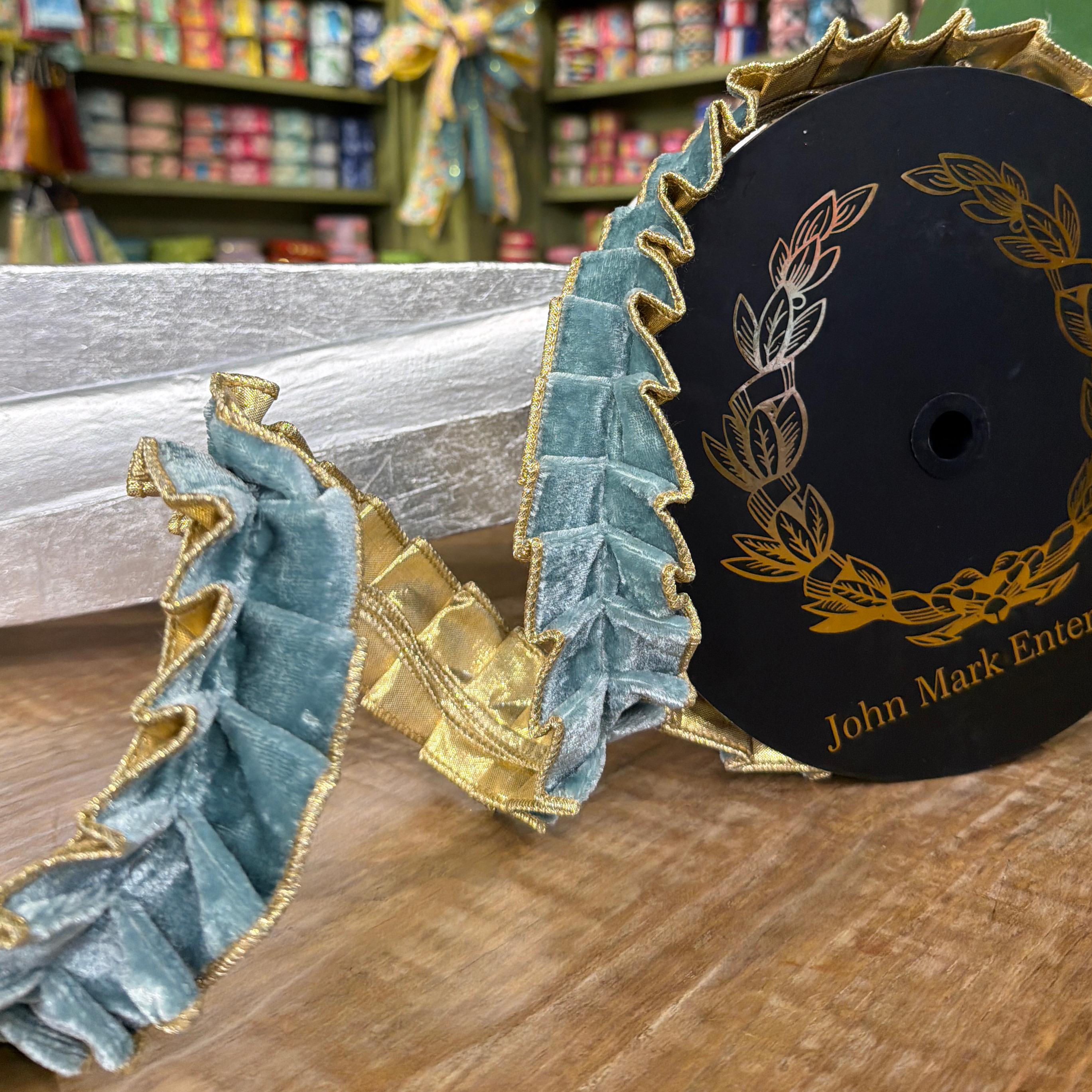 John Mark Aqua Velvet Pleated Metallic Wired Ribbon - 1.5" x 10 yd