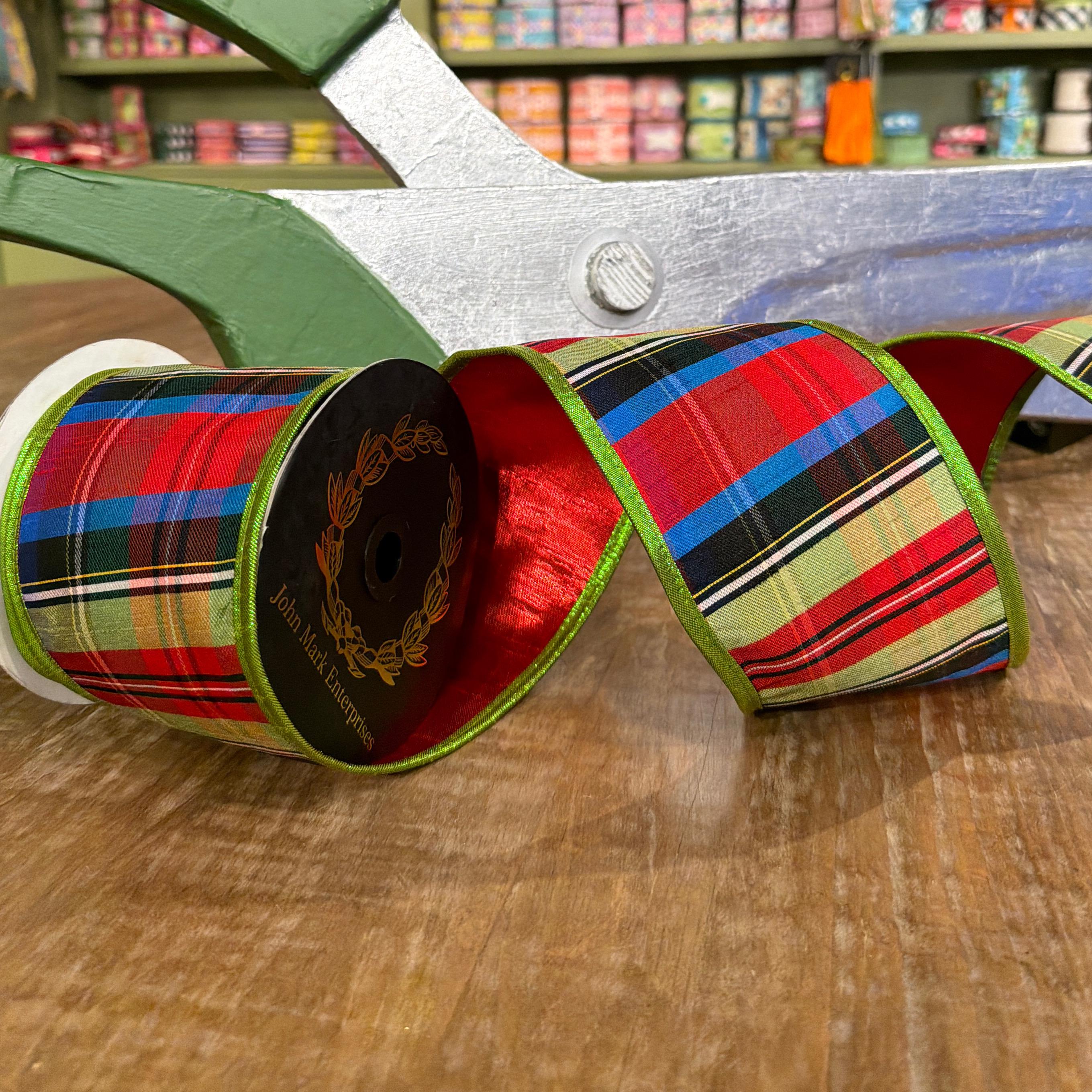 John Mark Red & Green Stripe Metallic Dupion Wired Ribbon - 4" x 10 yd