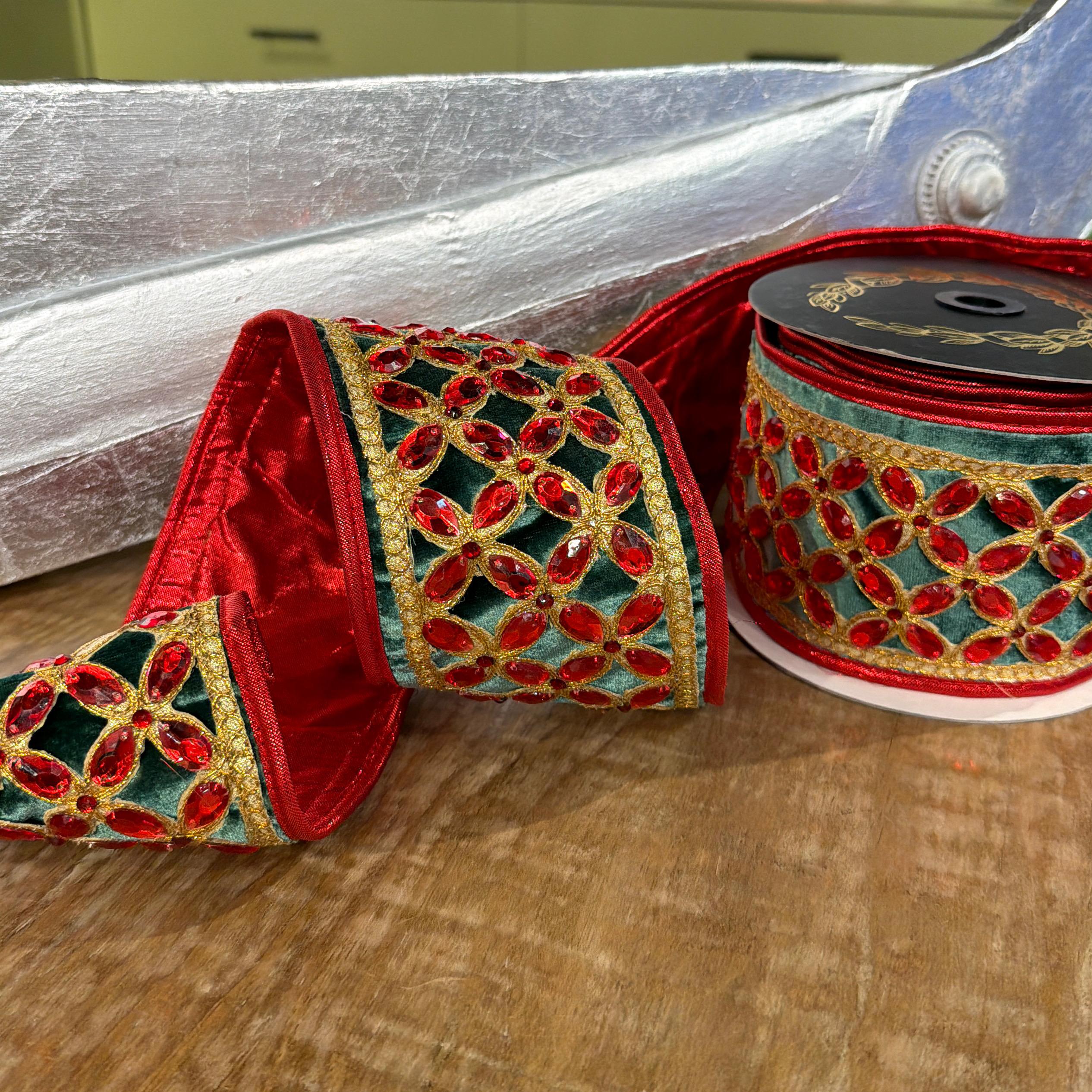 John Mark Green Velvet Red Floret Center Wired Ribbon - 4" x 5 yd