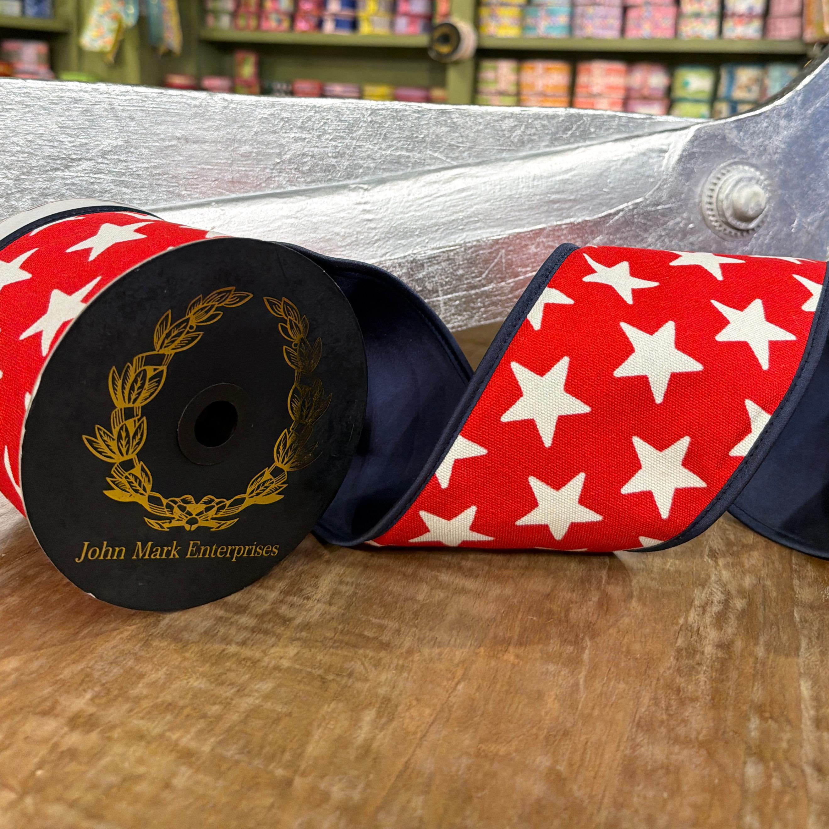 John Mark Star Print Taffeta Wired Ribbon - Royal Piping, 4" x 10 yd