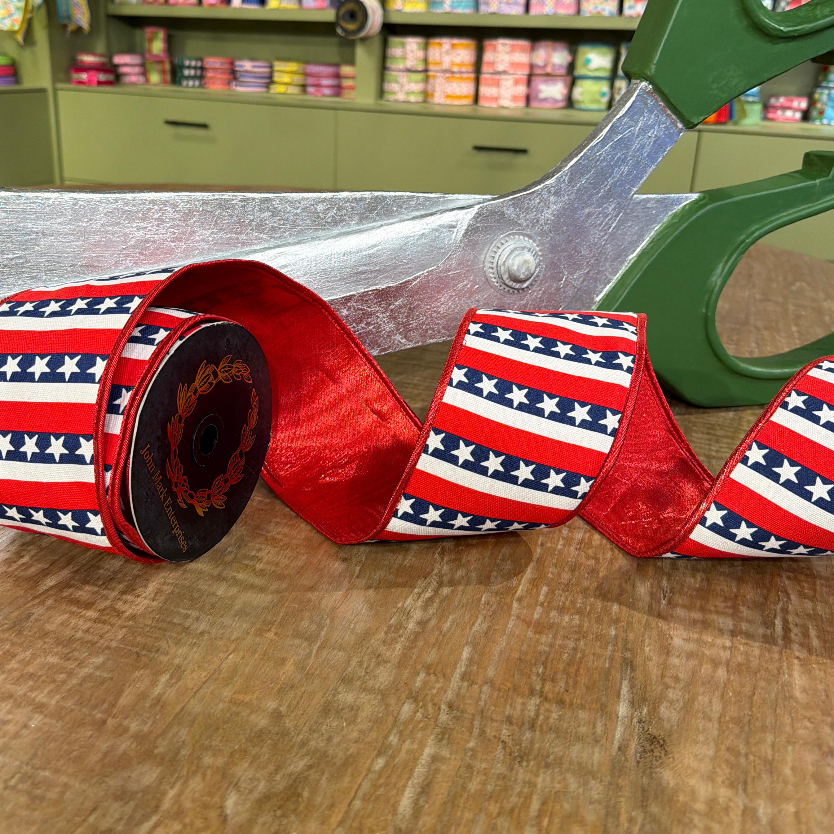 John Mark Star Stripe Print Metallic Wired Ribbon - Red, 4" x 10 yd