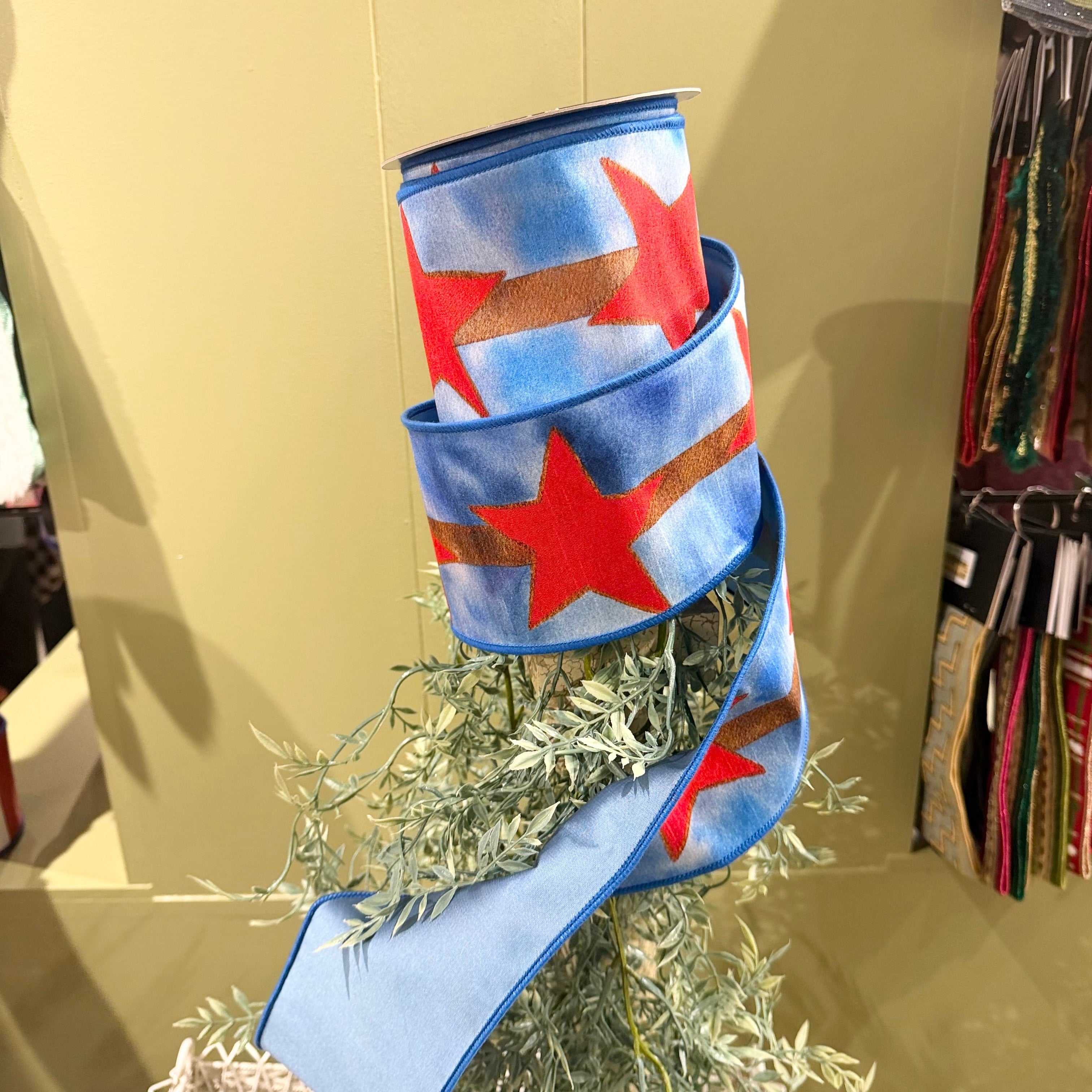 John Mark Watercolor Star Print Wired Ribbon - Blue & Red, 4" x 10 yd