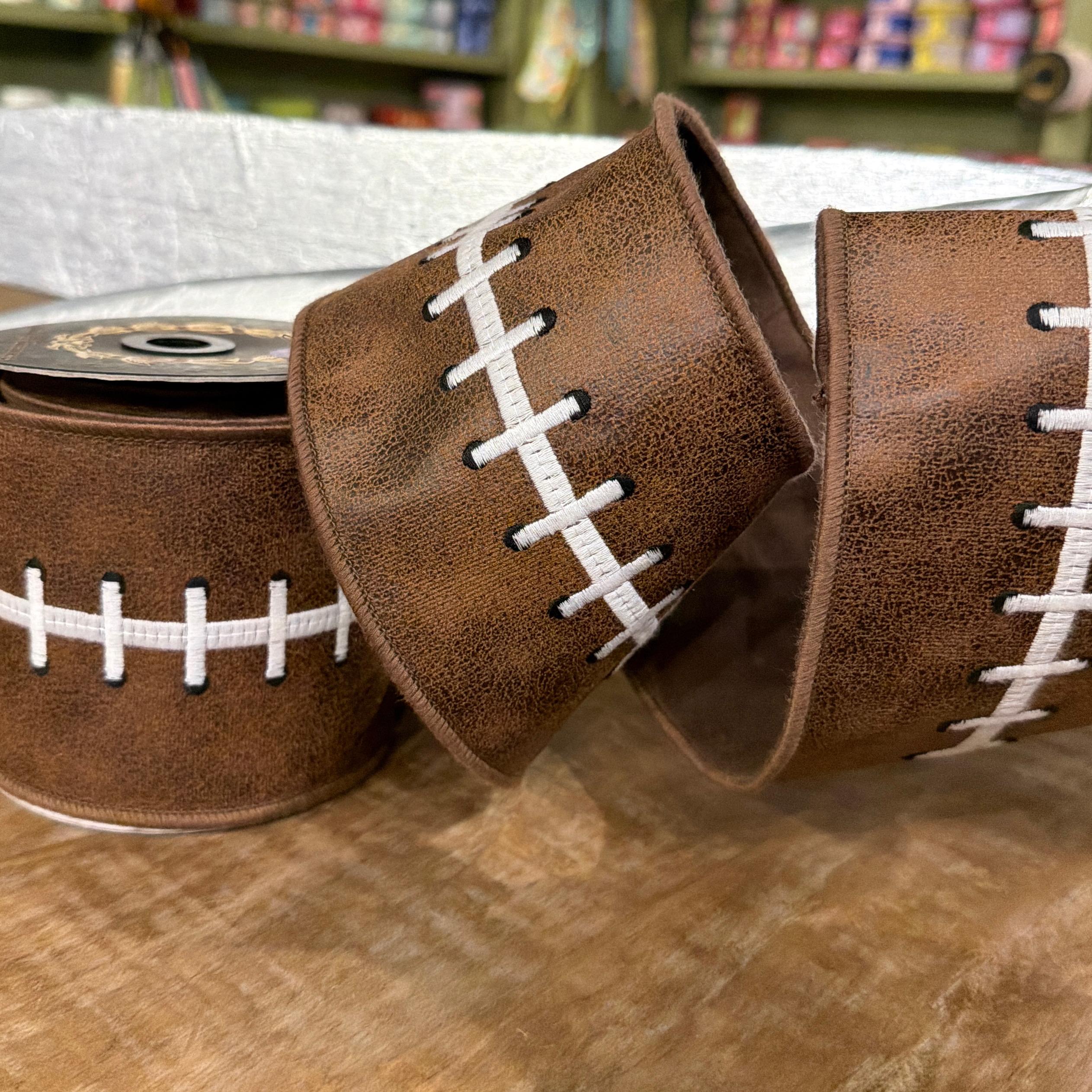 John Mark Embroidered Football Stitch Wired Ribbon - 4" x 5 yd