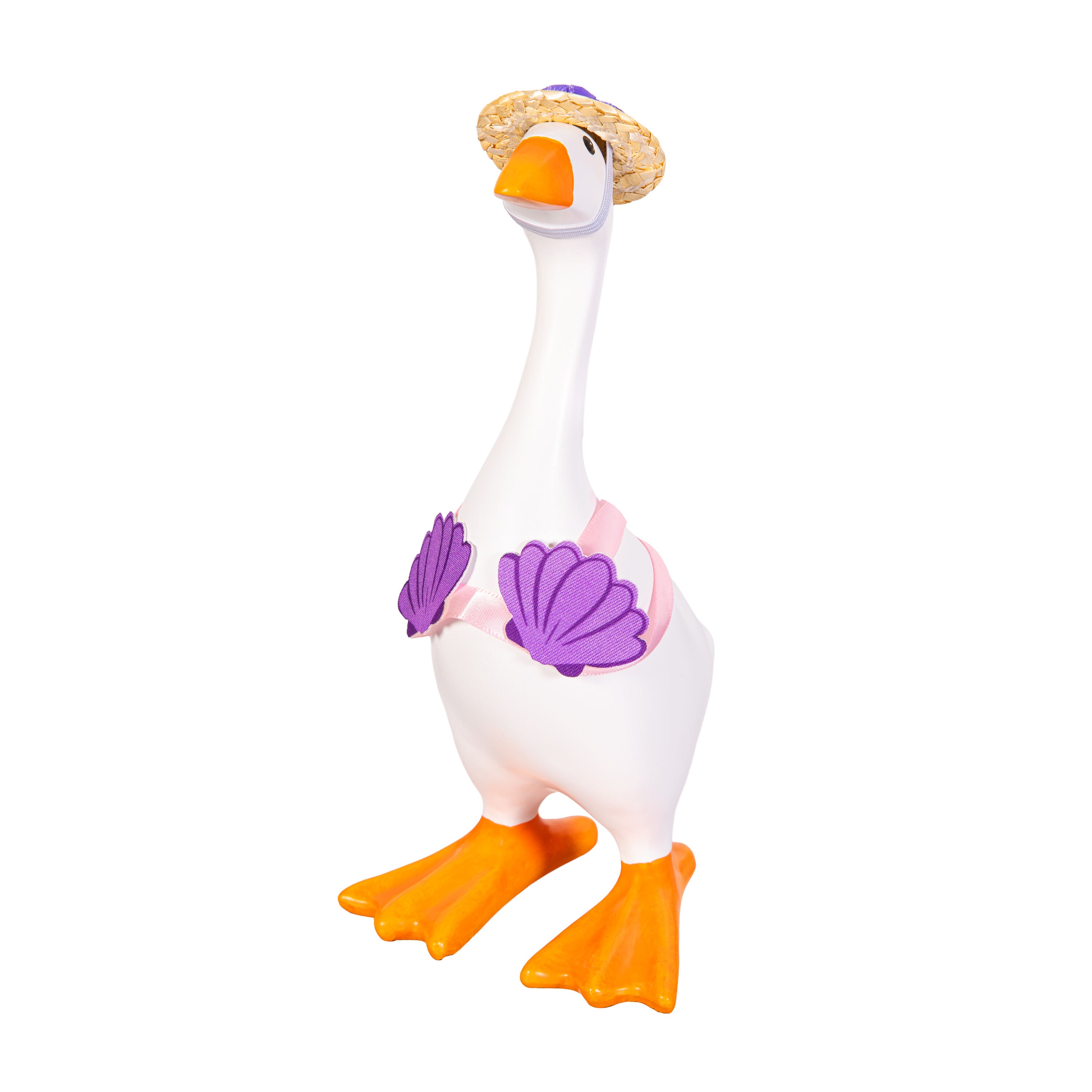 Tabletop fabric Gordy goose wearing the Hula accessory set - alternate view