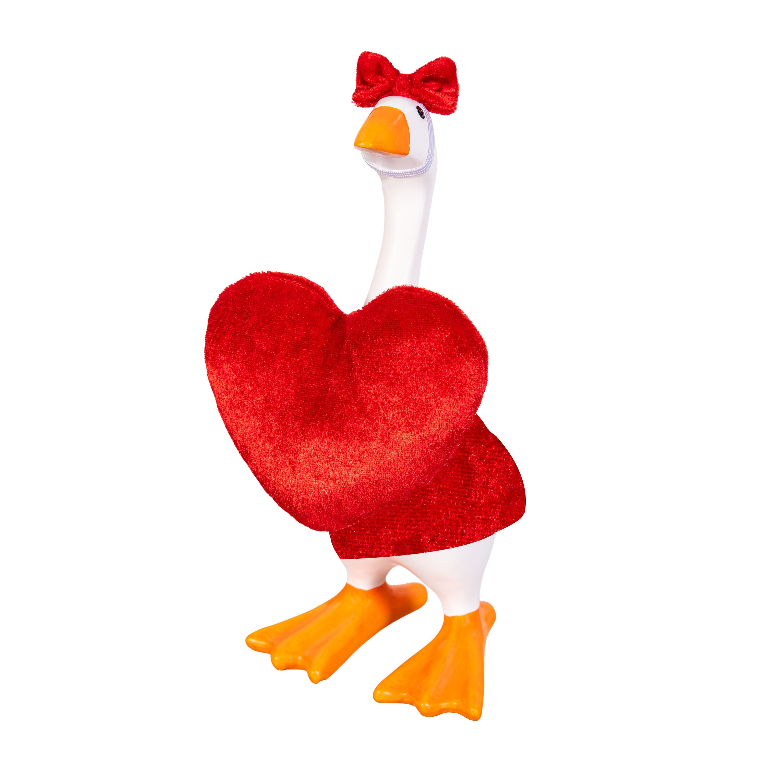 Tabletop fabric Gordy goose wearing the Valentine's Day accessory set - alternate view