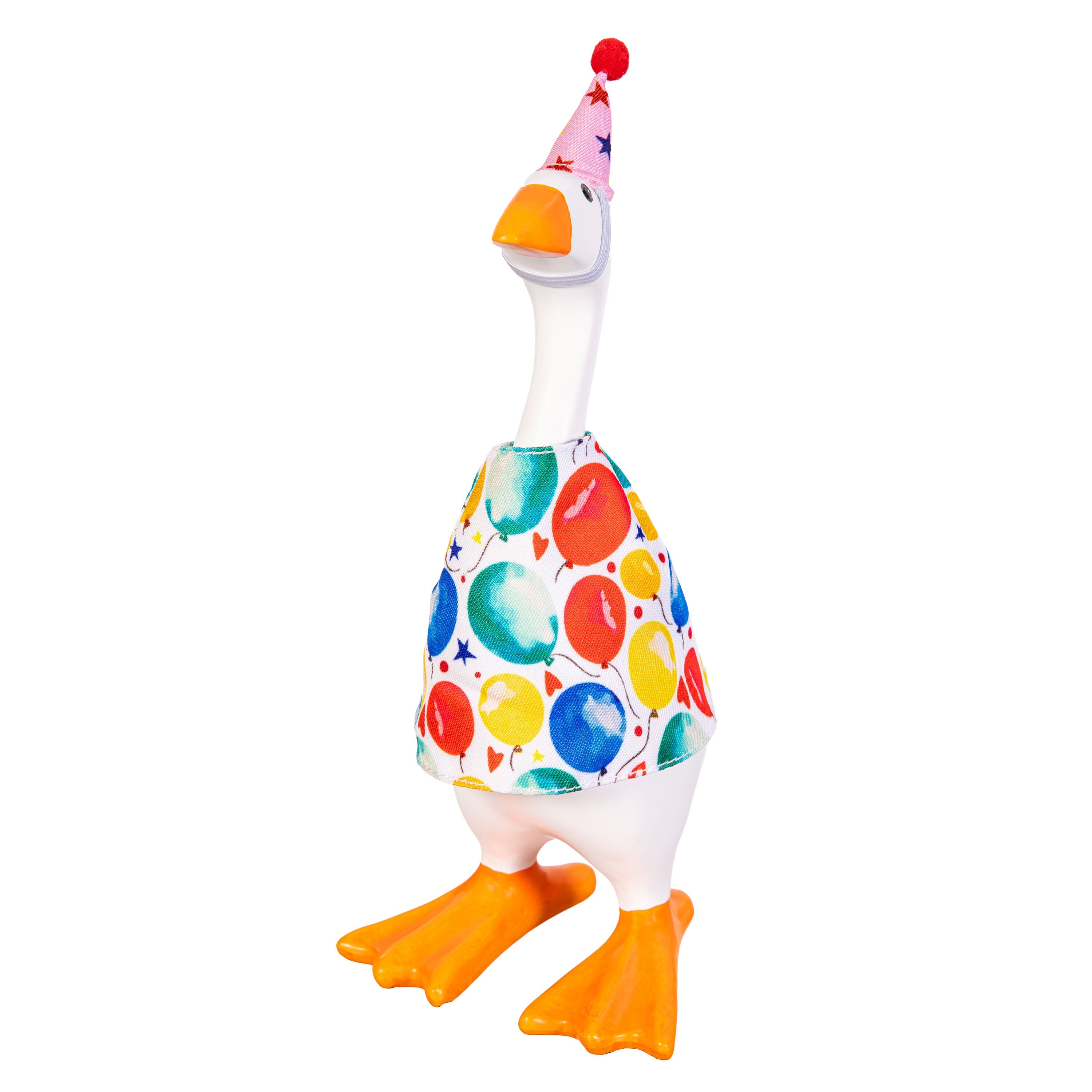Tabletop fabric Gordy goose wearing the Birthday accessory set - alternate view
